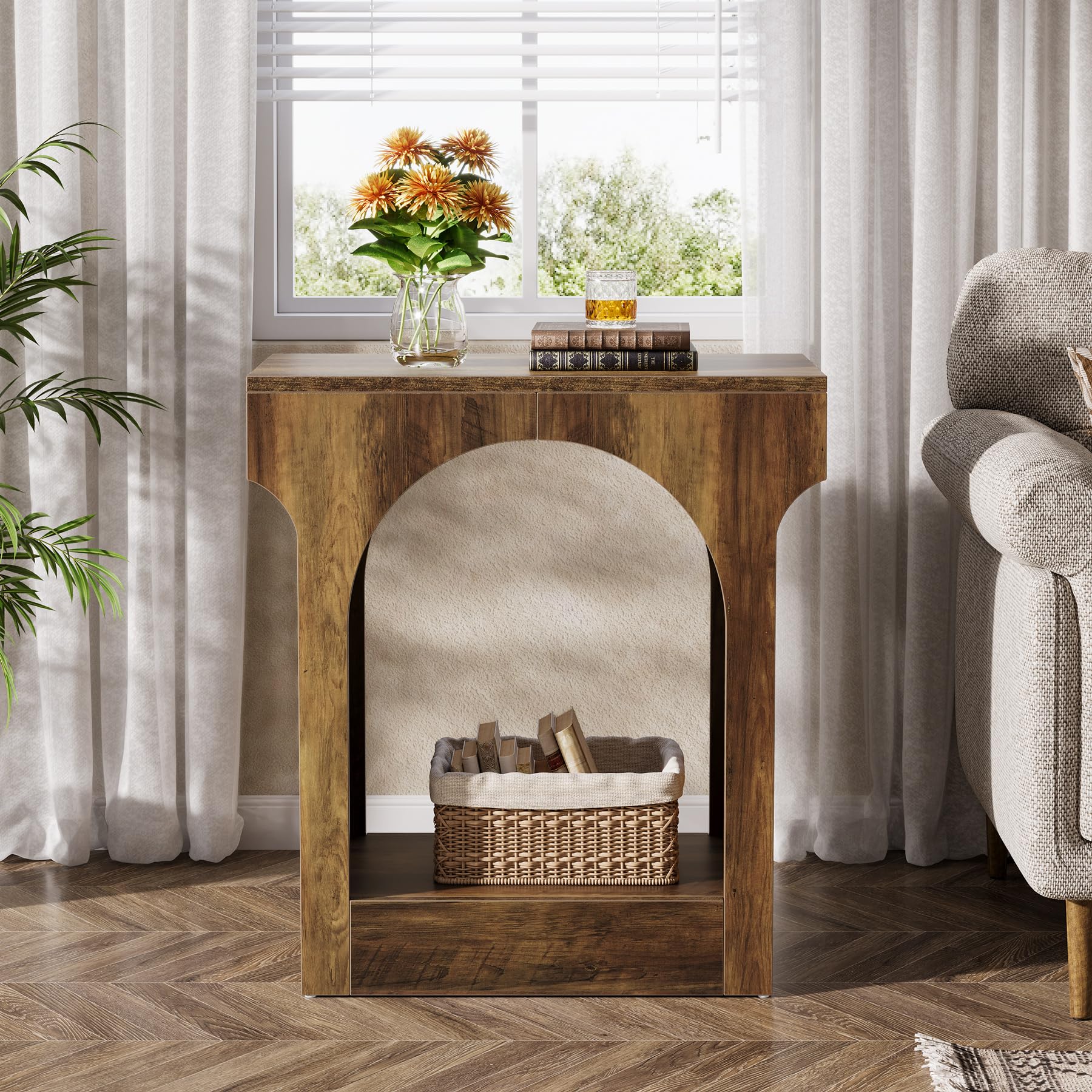 Rustic Brown Wood End Table Set of 2, Narrow Side Tables with Storage Space for Bedroom or Living Room