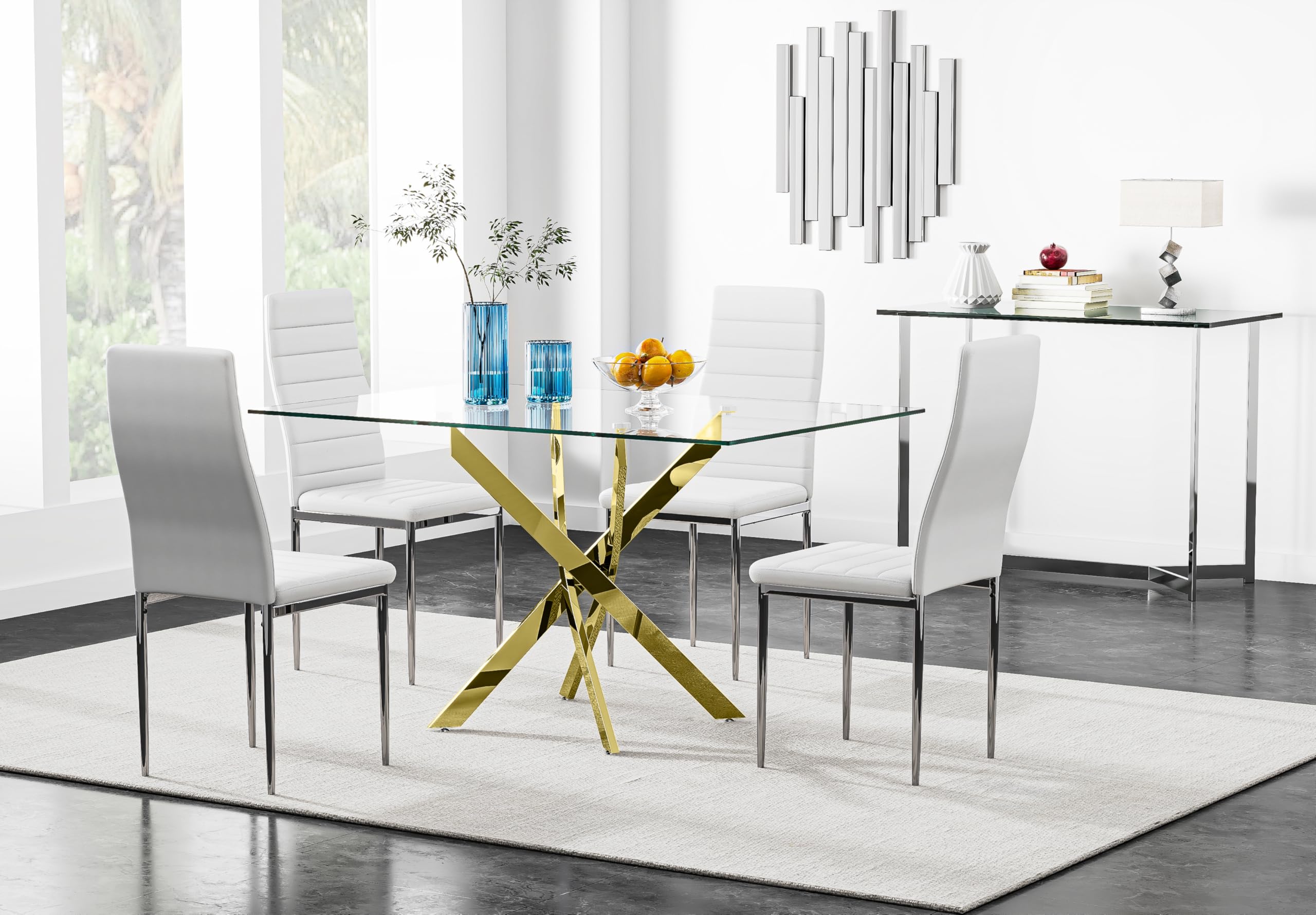 47" Glass Dining Table with Chrome Legs, Modern Rectangular Kitchen Table for Dining Room, Gold Finish