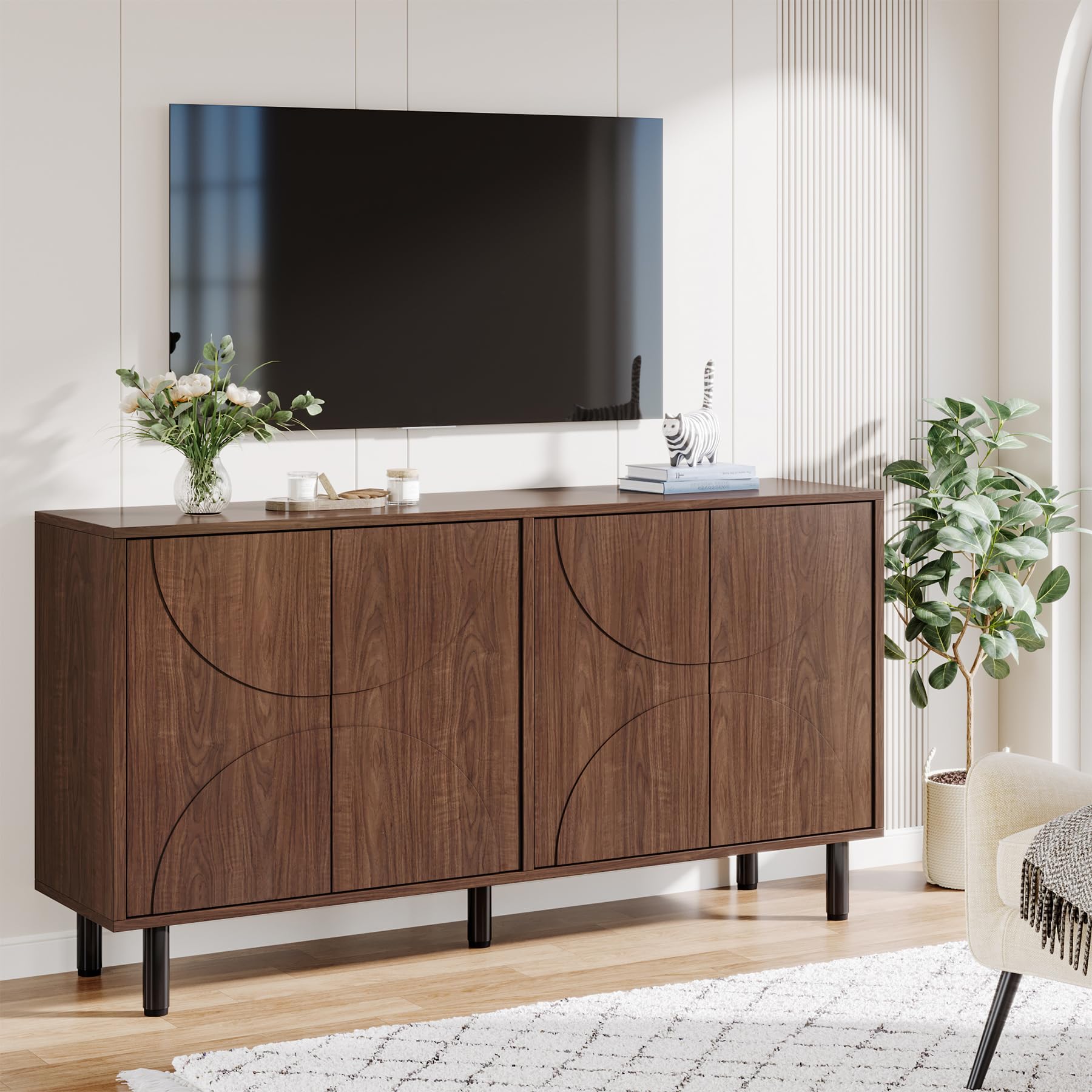Sideboard Buffet Cabinet with Storage, 55" Mid-Century Credenza Cabinet with 4 Doors & Adjustable Shelves for Kitchen