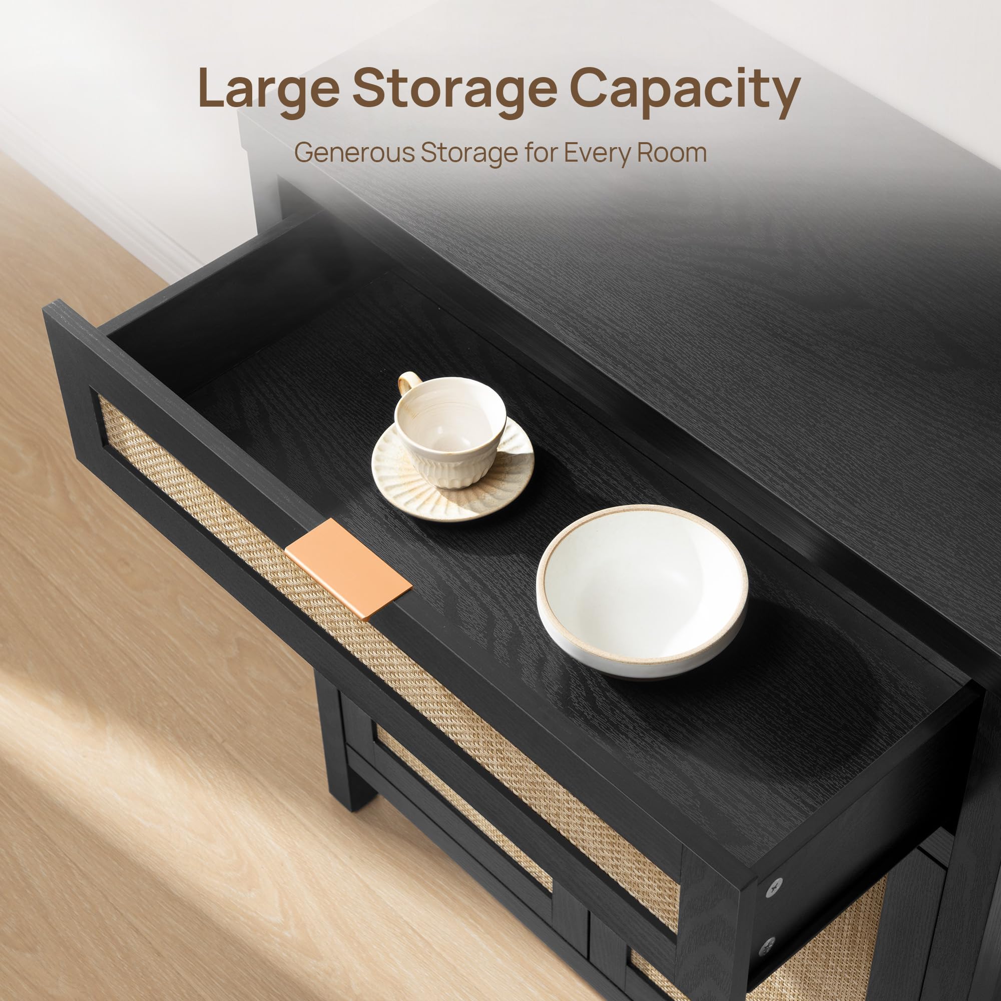FURNIXI Sideboard Buffet Storage Cabinet Set of 2, Black Rattan Credenza Console with Drawer & Doors, Coffee Bar for Entryway Kitchen