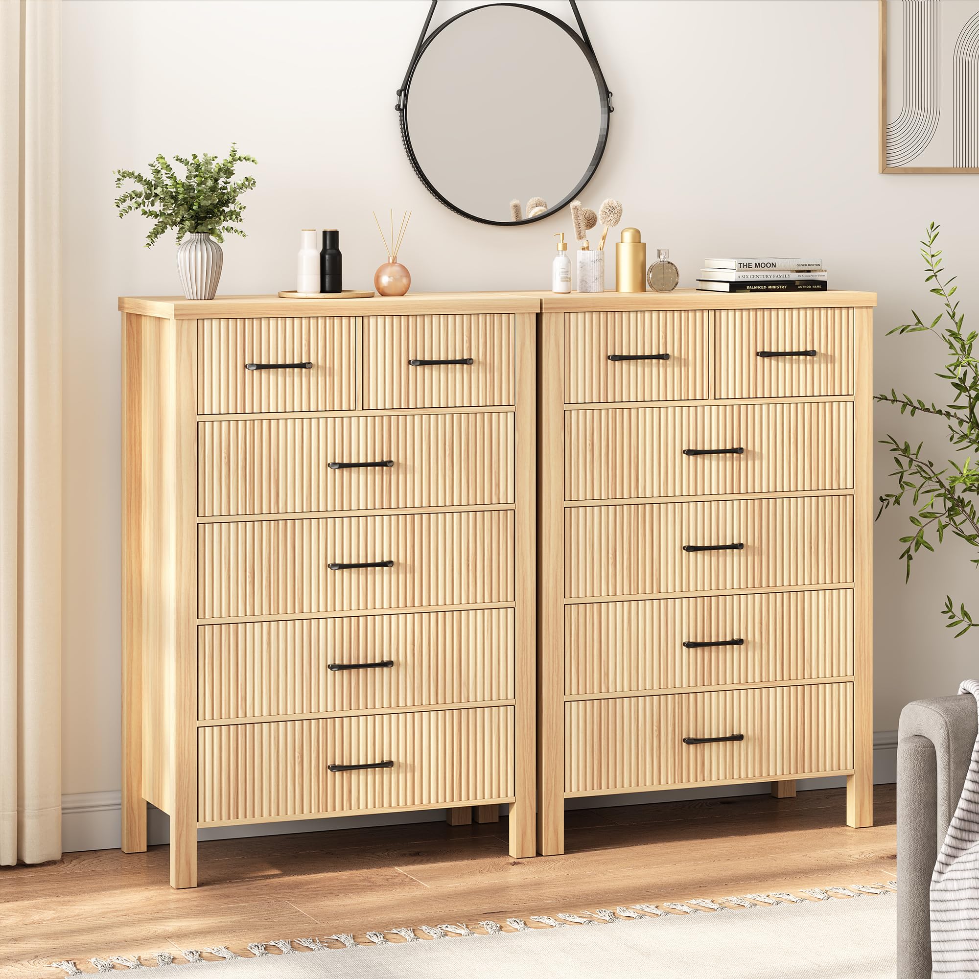 Fluted 6 Drawer Boho Dresser, Tall Wooden Chest for Bedroom Storage with Metal Handles, Natural Oak Finish