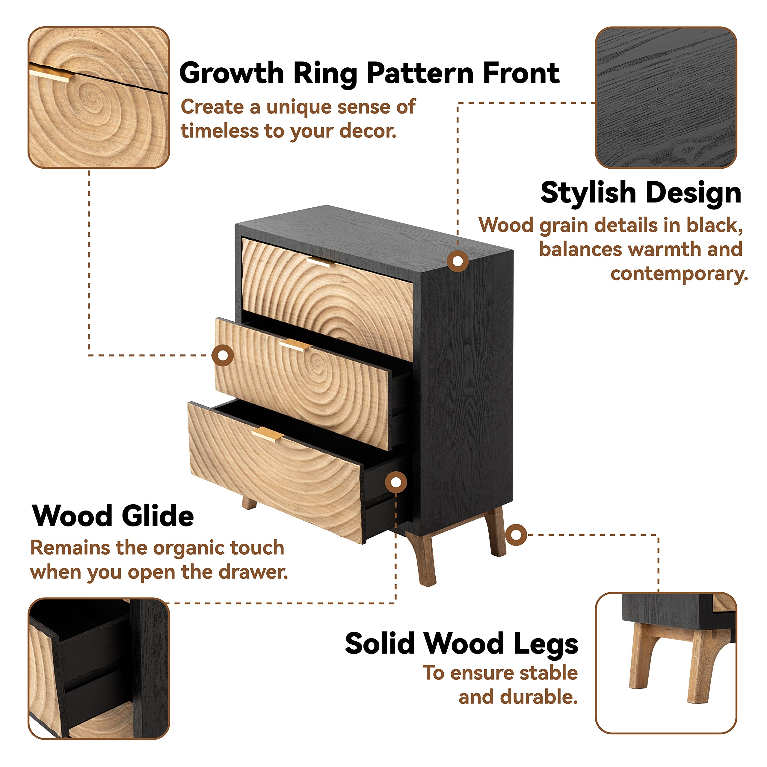 Black 3-Drawer Farmhouse Dresser, Rustic Nightstand with Handcrafted Wood Ring Motif for Bedroom, Fully-Assembled