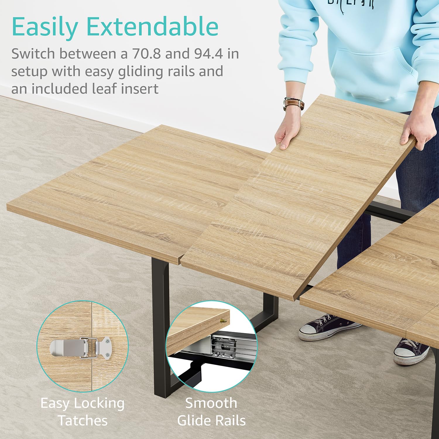 94" Expandable Dining Table for 8-10, Long Modern Farmhouse Table for Kitchen or Dining Room, Rectangular