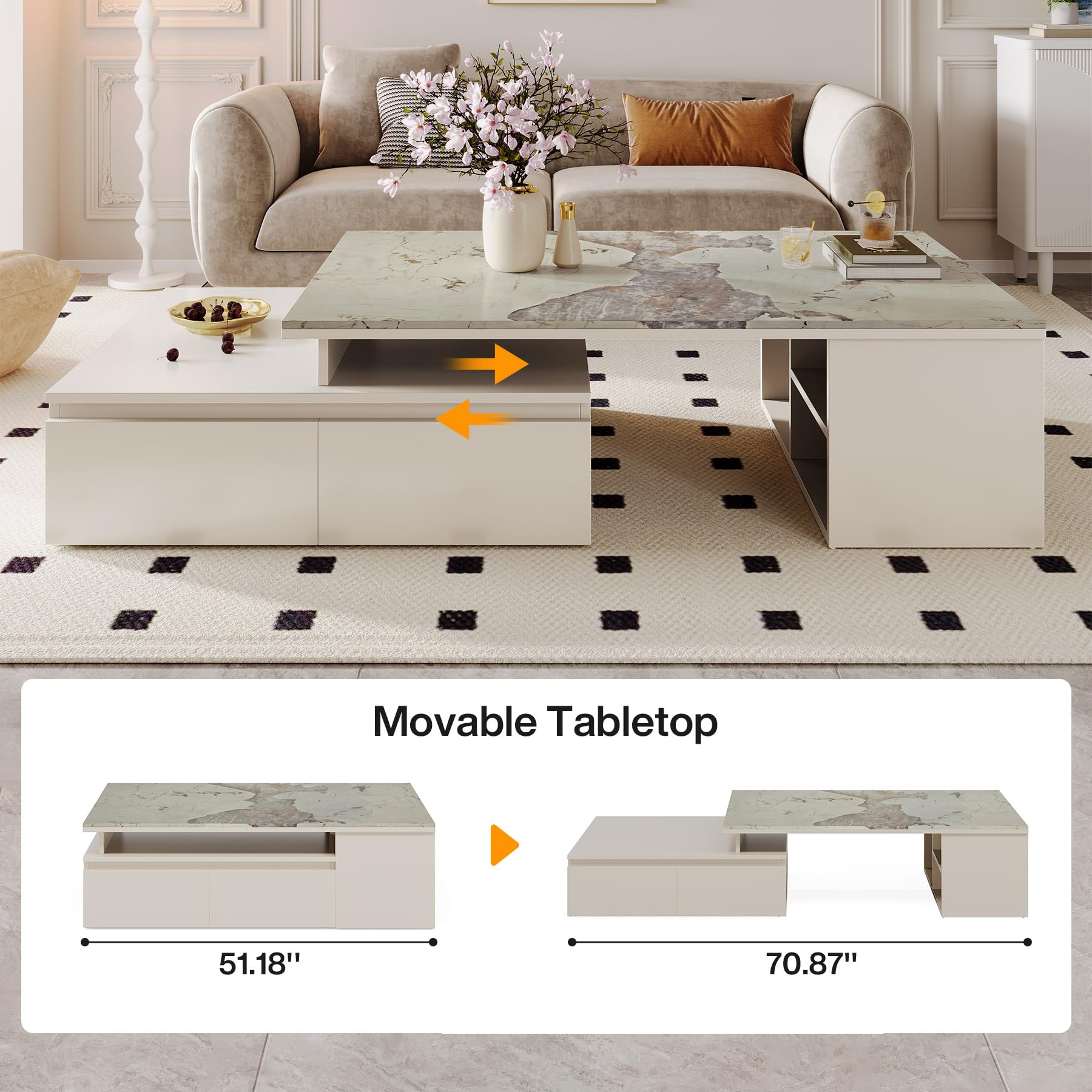 Extendable Coffee Table with Faux Marble Top, 4 Drawers & Storage Shelf, Expands from 51” to 71”