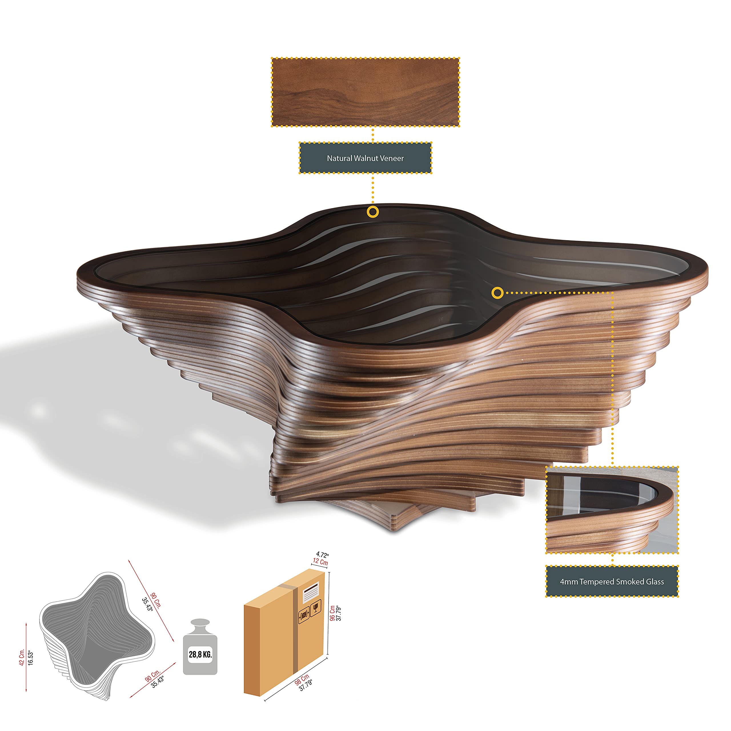 Modern Walnut Coffee Table with Tempered Glass Top, Layered Wave Design, Rustic Living Room Accent