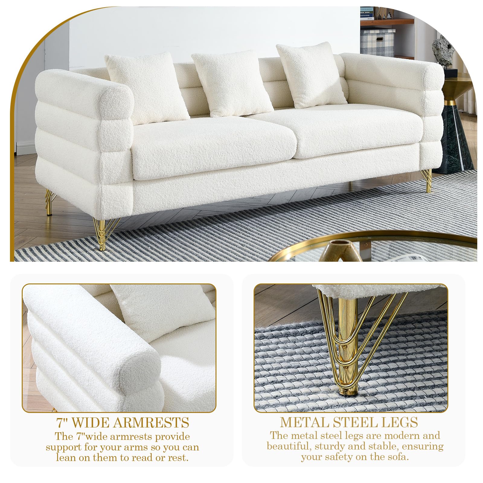 Modern Sofa Couch, 81" W Teddy Bouclé Oversized Loveseat Cloud Sofa, Upholstered 3-Seater Comfy Deep Seat Couch with Gold Legs & Pillows for Living Room, Bedroom, Office, Apartment(White)