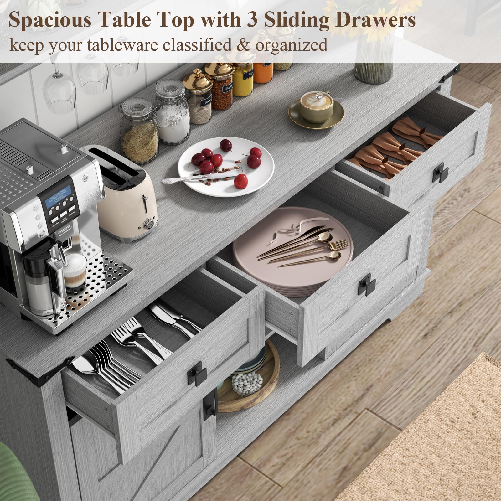 FURNIXI Grey Farmhouse Bar Cabinet with Hutch, Buffet Storage Unit with 3 Drawers, Cup Hooks, Goblet Holder for Kitchen Dining