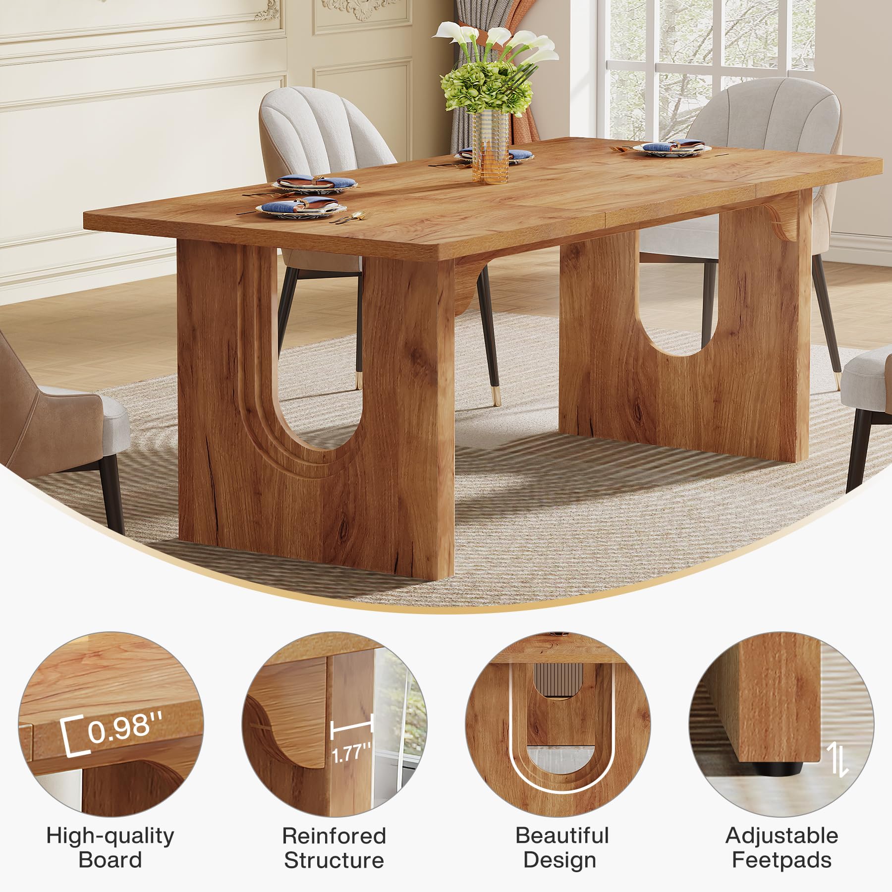 71" Large Dining Table for 6-8, Rustic Brown Rectangular Table with Wood Pedestal for Kitchen or Living Room