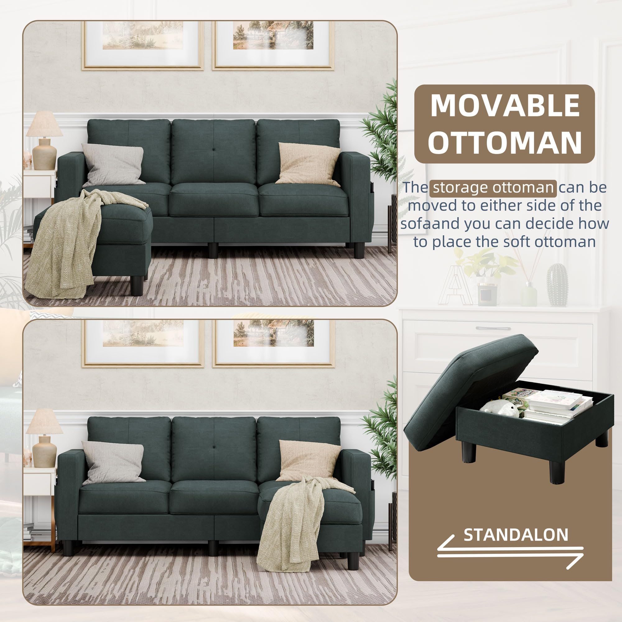 L-Shaped Convertible Sectional Sofa with Ottoman, Green 3-Seater Couch for Apartment, Office, Small Living Room