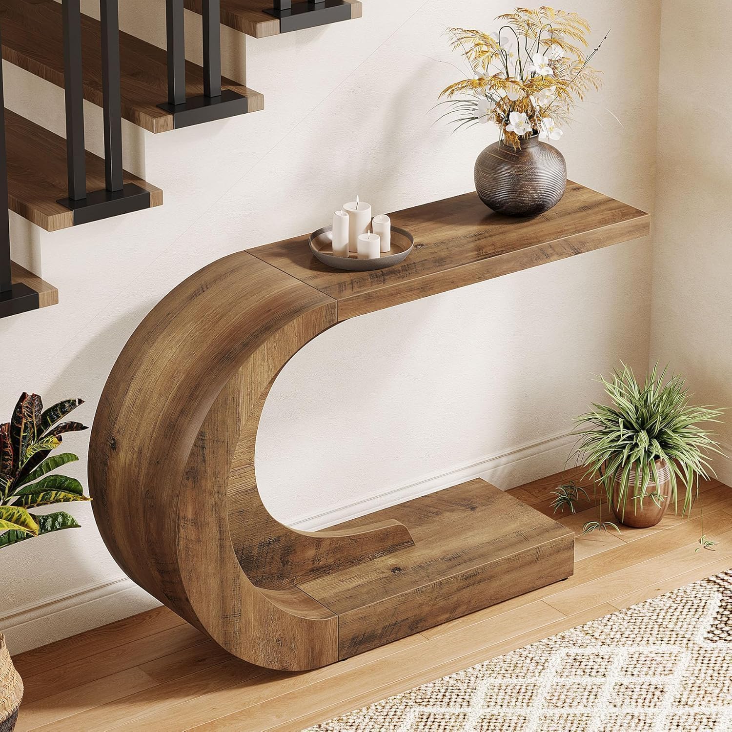 43.3" Mid-Century Modern Entryway Console Table, Wooden C-Shape Accent Table for Living Room, Hallway, Foyer