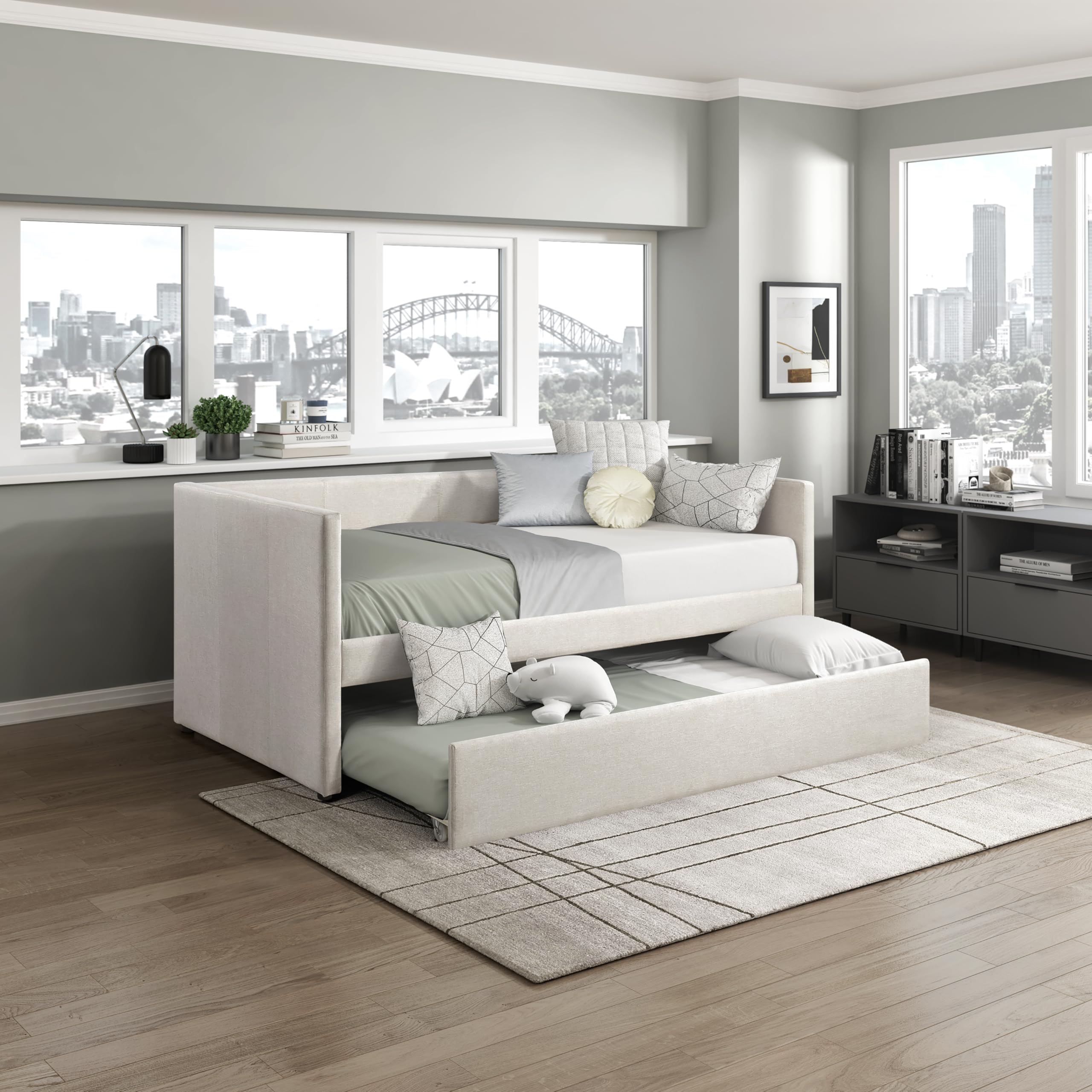 Upholstered Twin Daybed with Trundle – Beige Sofa Bed with Wood Slats for Bedroom, Guest Room, No Box Spring Needed