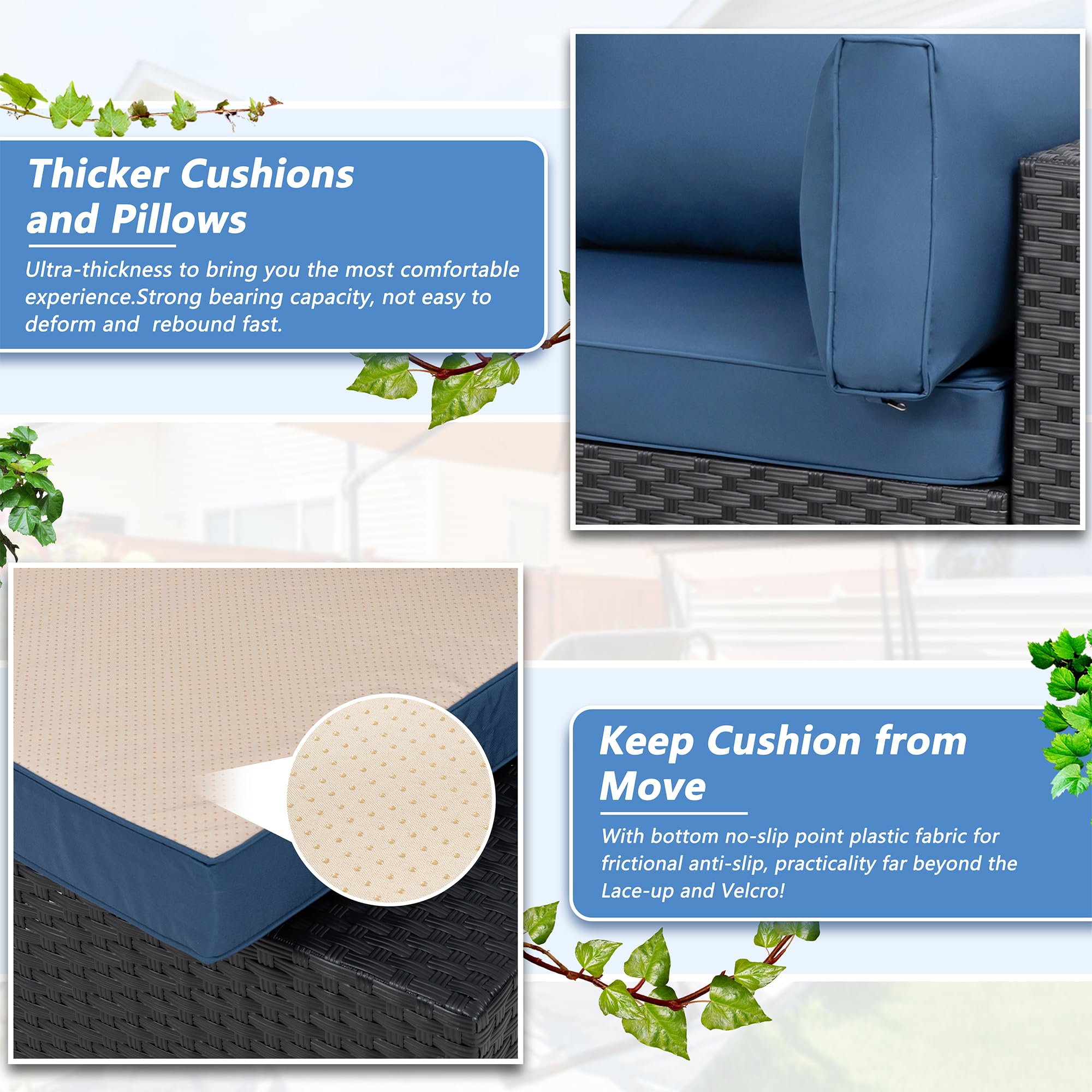 5-Piece Patio Sectional Sofa Set – Aegean Blue Wicker Furniture with Cushions & Glass Table for Backyard or Garden