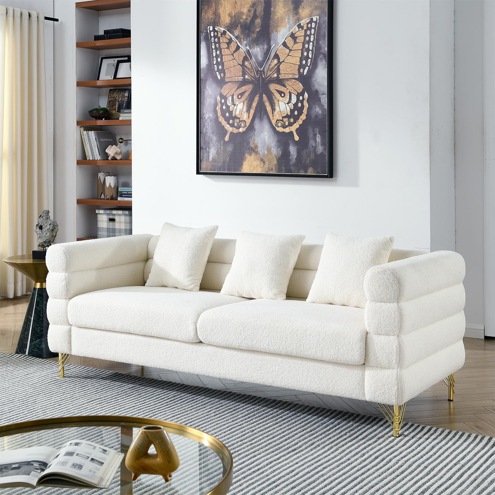 Modern Sofa Couch, 81" W Teddy Bouclé Oversized Loveseat Cloud Sofa, Upholstered 3-Seater Comfy Deep Seat Couch with Gold Legs & Pillows for Living Room, Bedroom, Office, Apartment(White)