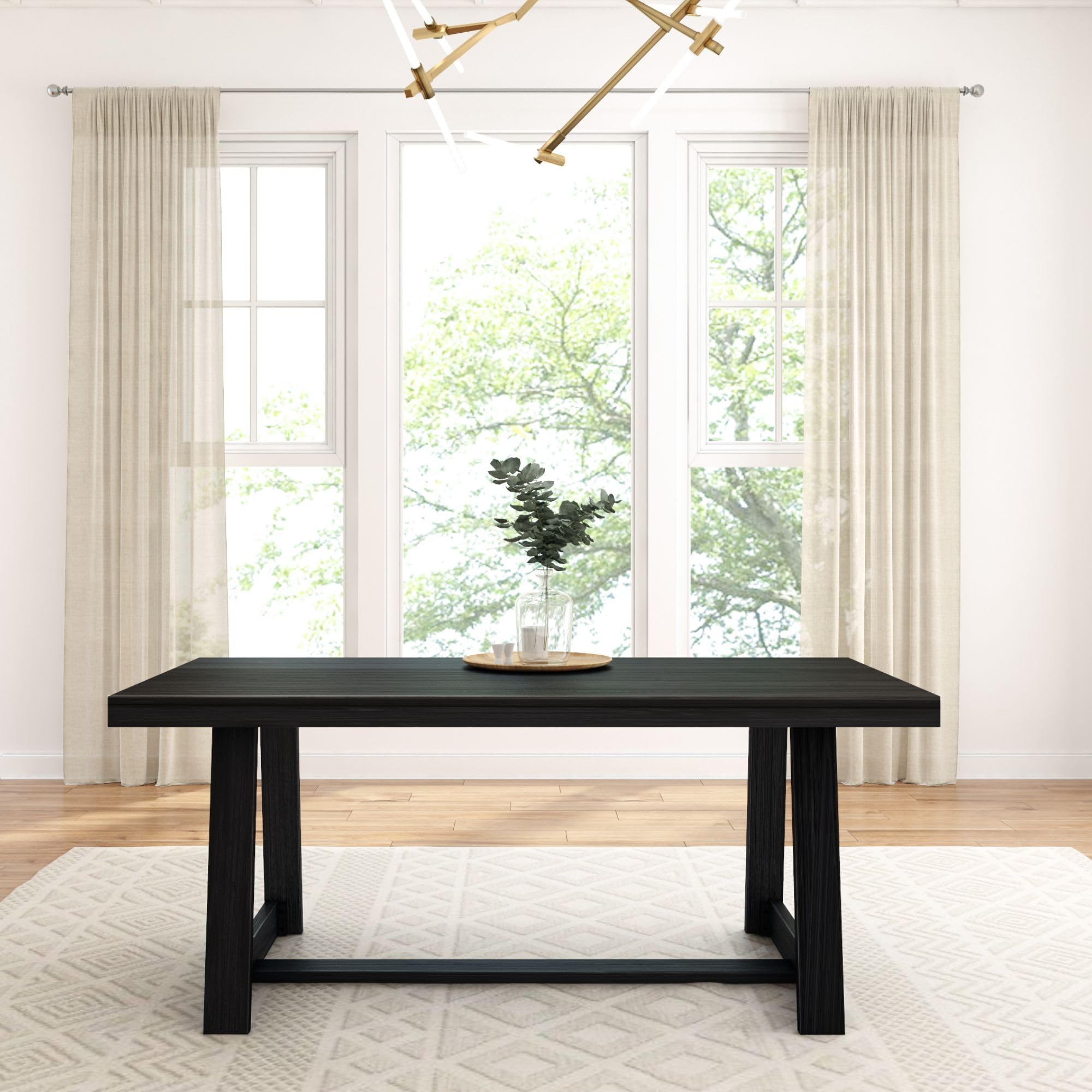 72" Farmhouse Dining Table, Solid Wood Rectangular Dinner Table with Black Wirebrush Finish, Easy Assembly