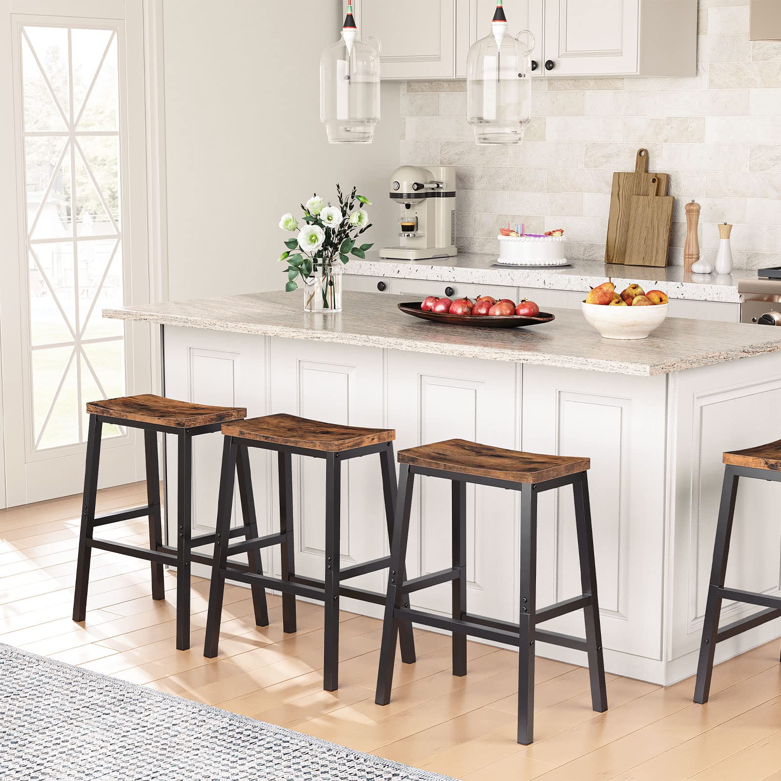 Bar Stools Set of 2, 23.6" Saddle Counter Chairs with Footrest, Rustic Industrial Barstools for Kitchen, Dining Room, Brown/Black