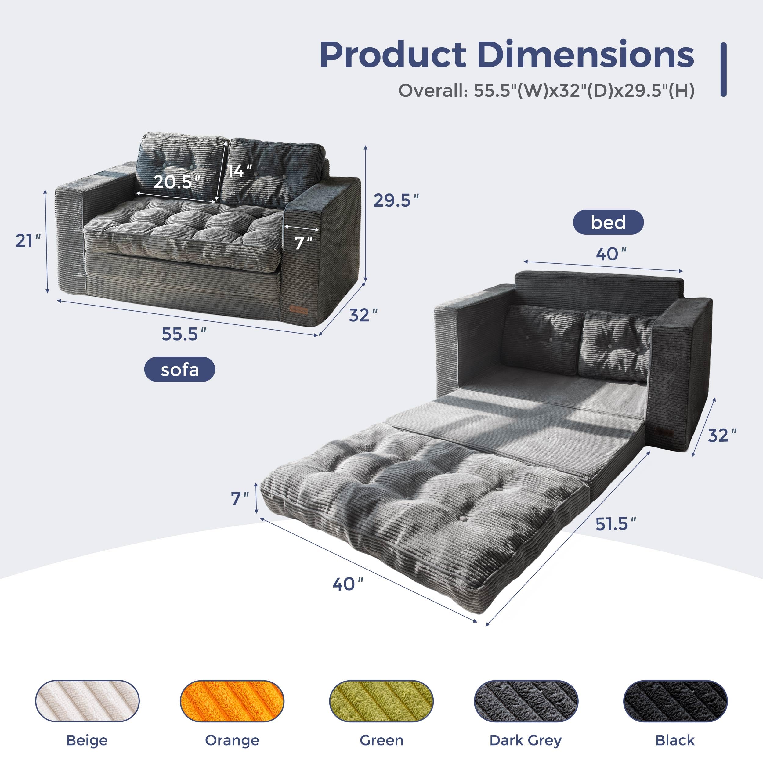 Convertible Sofa Bed – 2-in-1 Pull Out Loveseat Sleeper with Foldable Frame & Pillows, Dark Grey Couch for Lounge or Bedroom