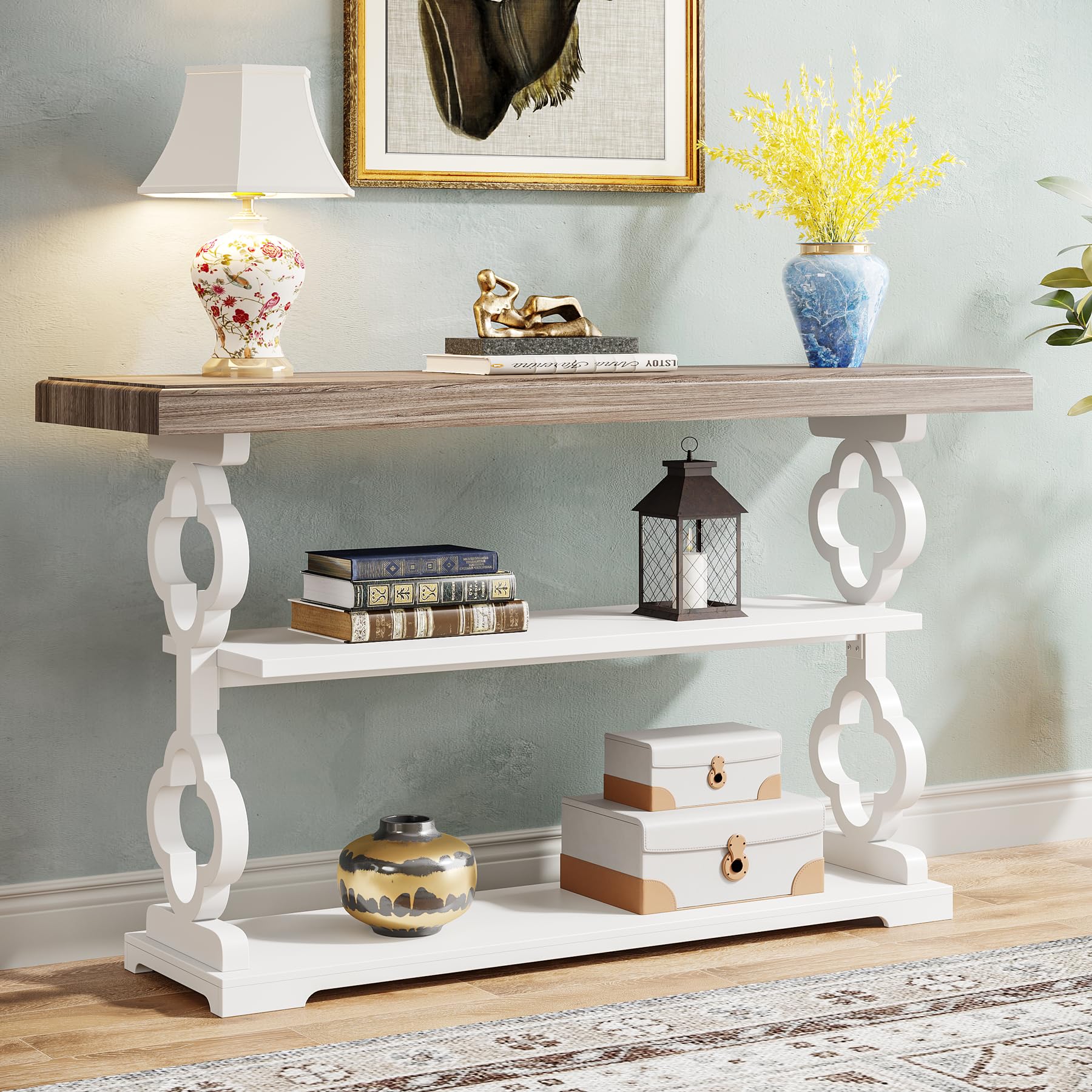 55" Farmhouse Console Table – Grey & White Wood Sofa Table with Storage Shelves for Entryway, Foyer or Living Room