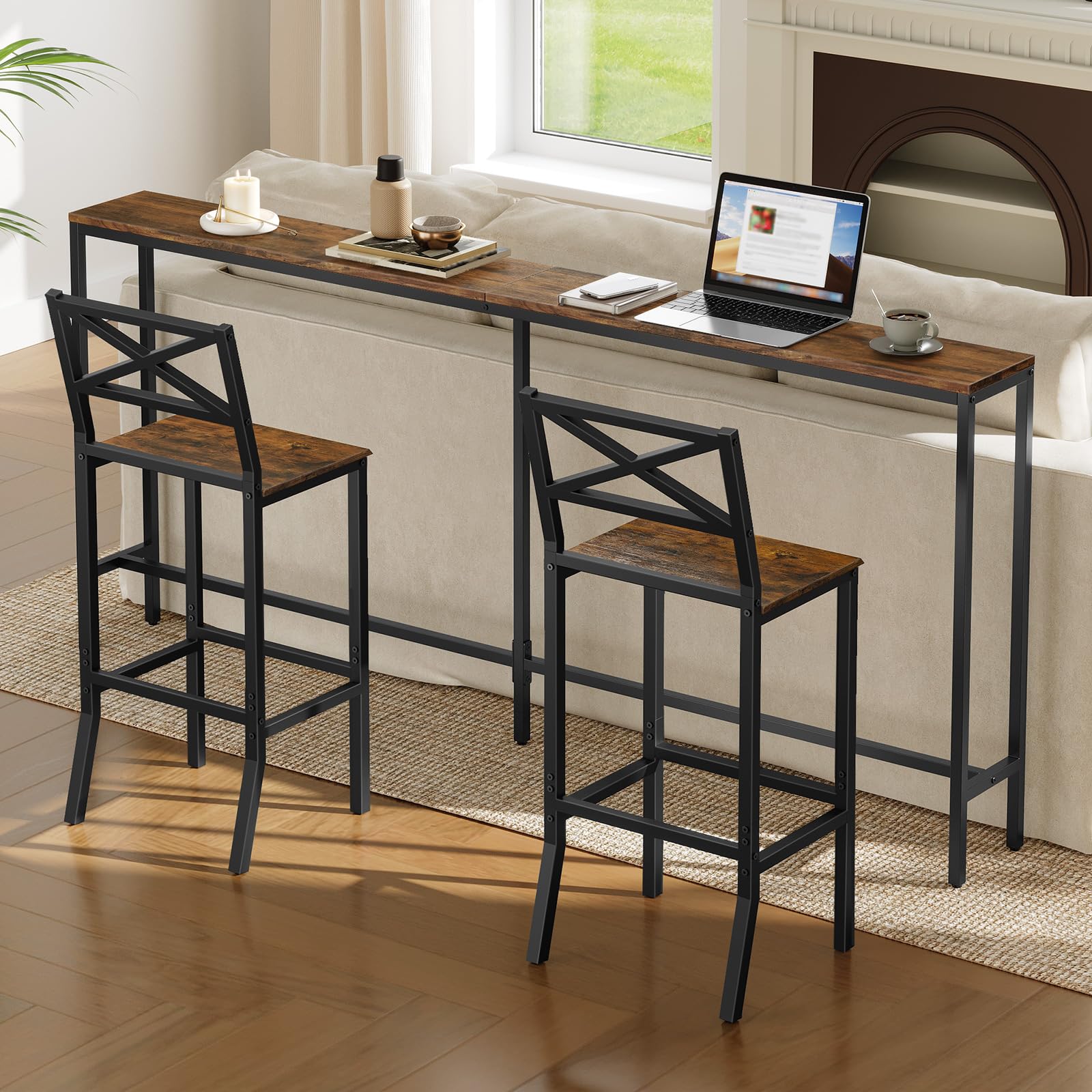 Bar Stools Set of 2, 26" Counter Height Chairs with Backrest & Footrest, Easy Assembly Kitchen Breakfast Bar Chairs, Rustic Brown