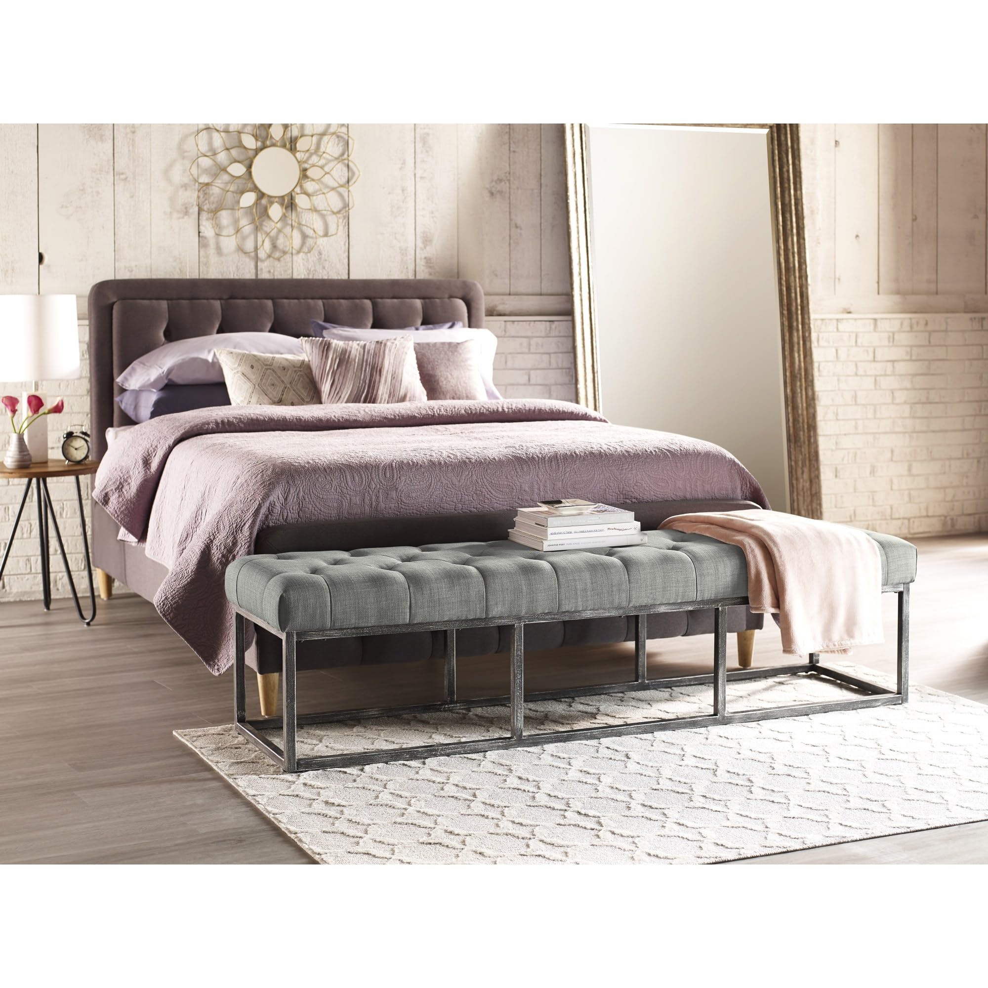 Danes Tufted Upholstered Bench with Iron Legs, Modern Pearl Gray Long Bench for Bedroom, Living Room