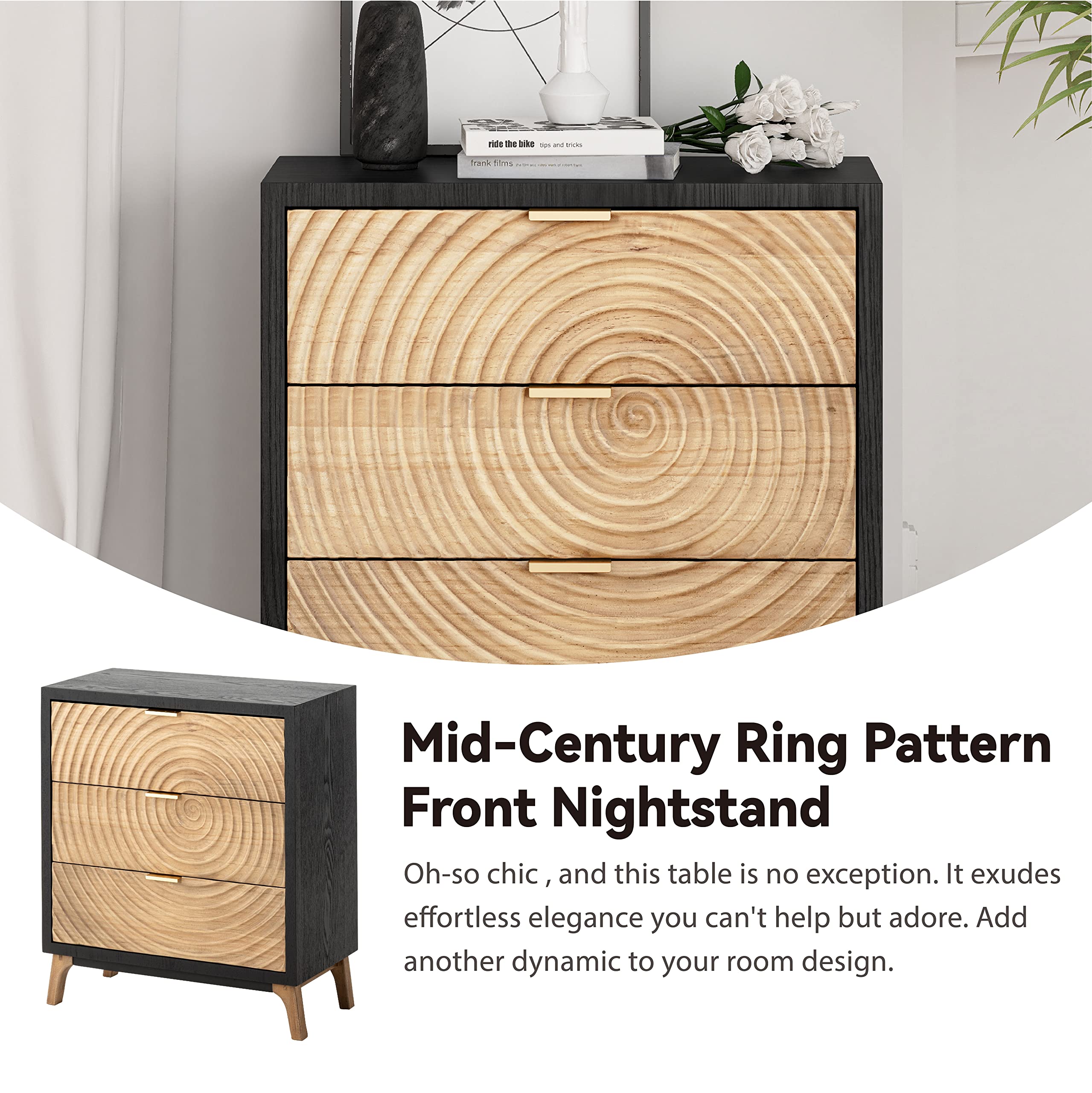Black 3-Drawer Farmhouse Dresser, Rustic Nightstand with Handcrafted Wood Ring Motif for Bedroom, Fully-Assembled