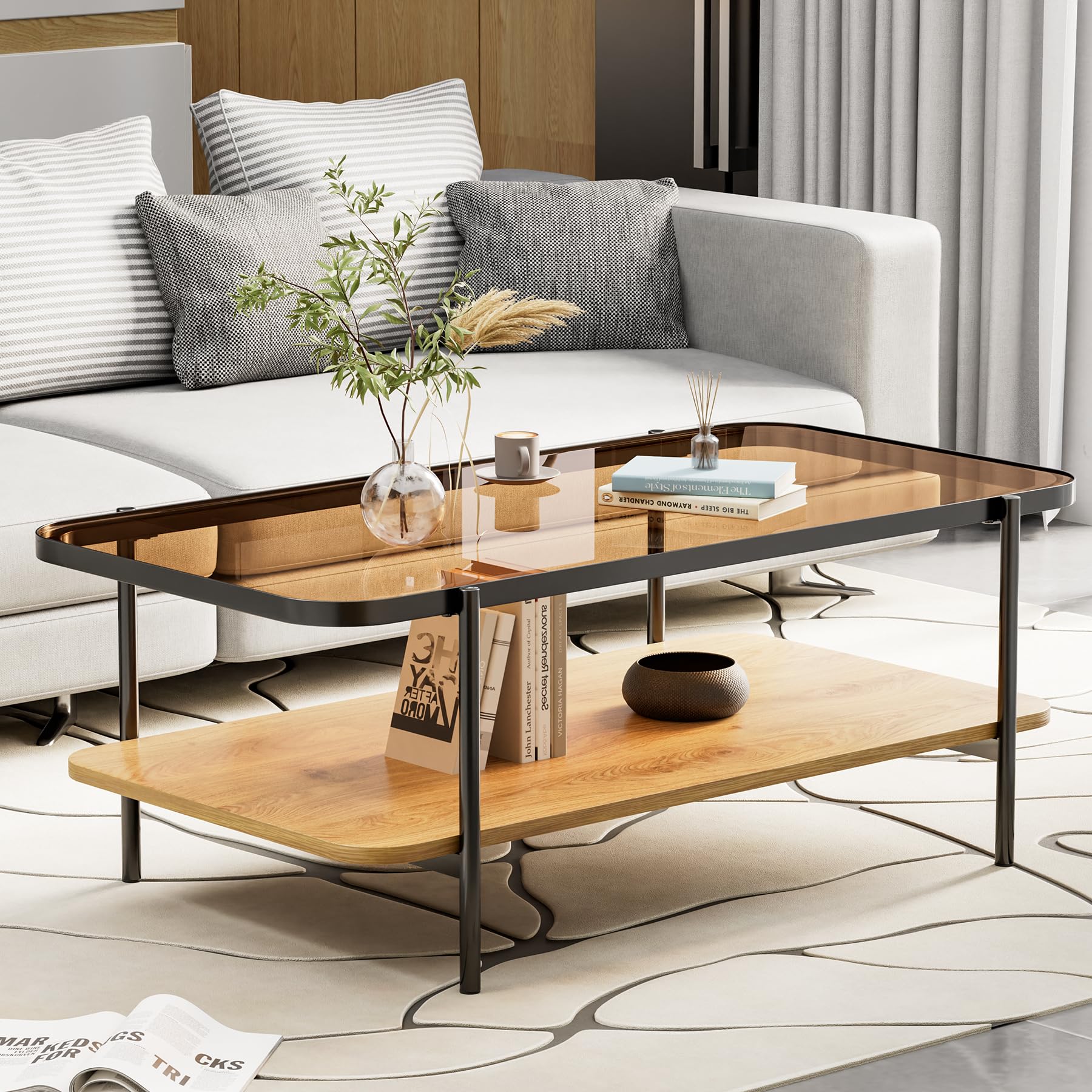 Brown Glass Coffee Table, Modern 2-Tier Table with Metal Legs, Open Storage & Rounded Corners, Rectangular Living Room Table