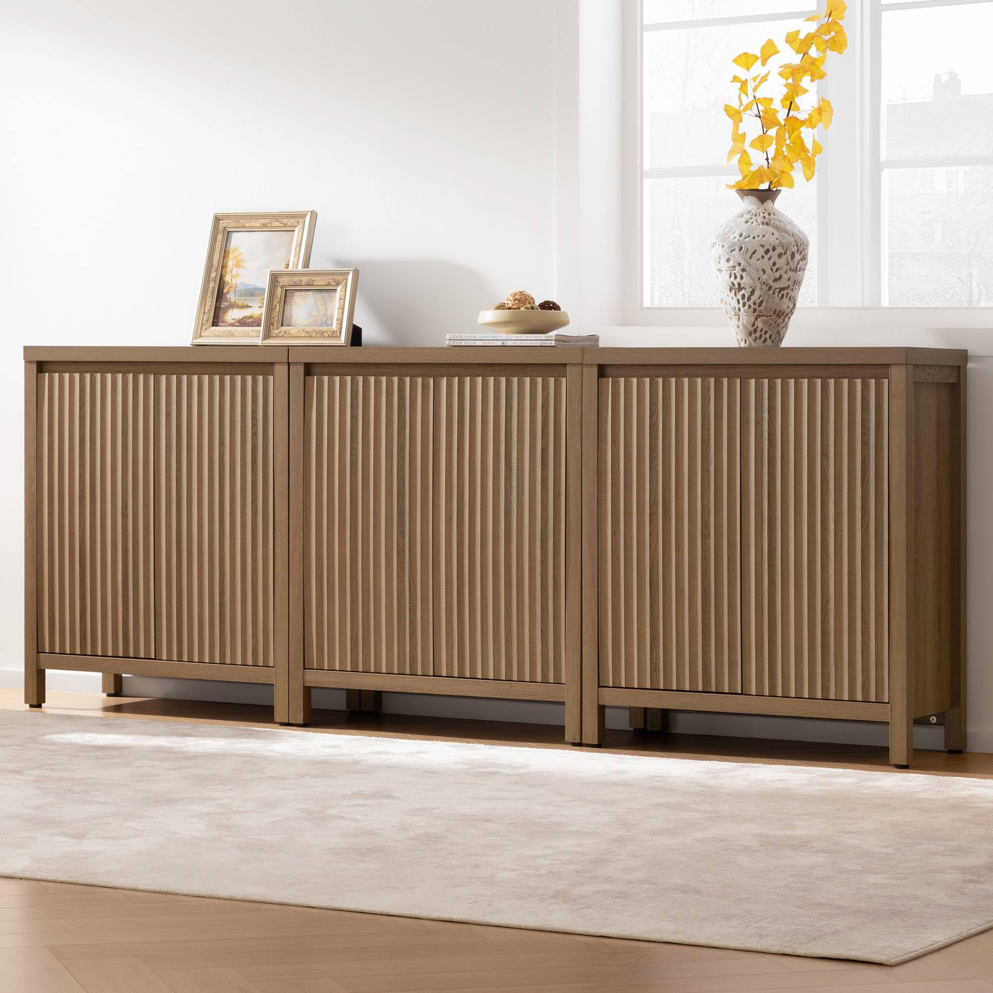 FURNIXI Set of 2 Fluted Sideboard Buffet Cabinets with Adjustable Shelves, Farmhouse Credenza for Kitchen, Oak
