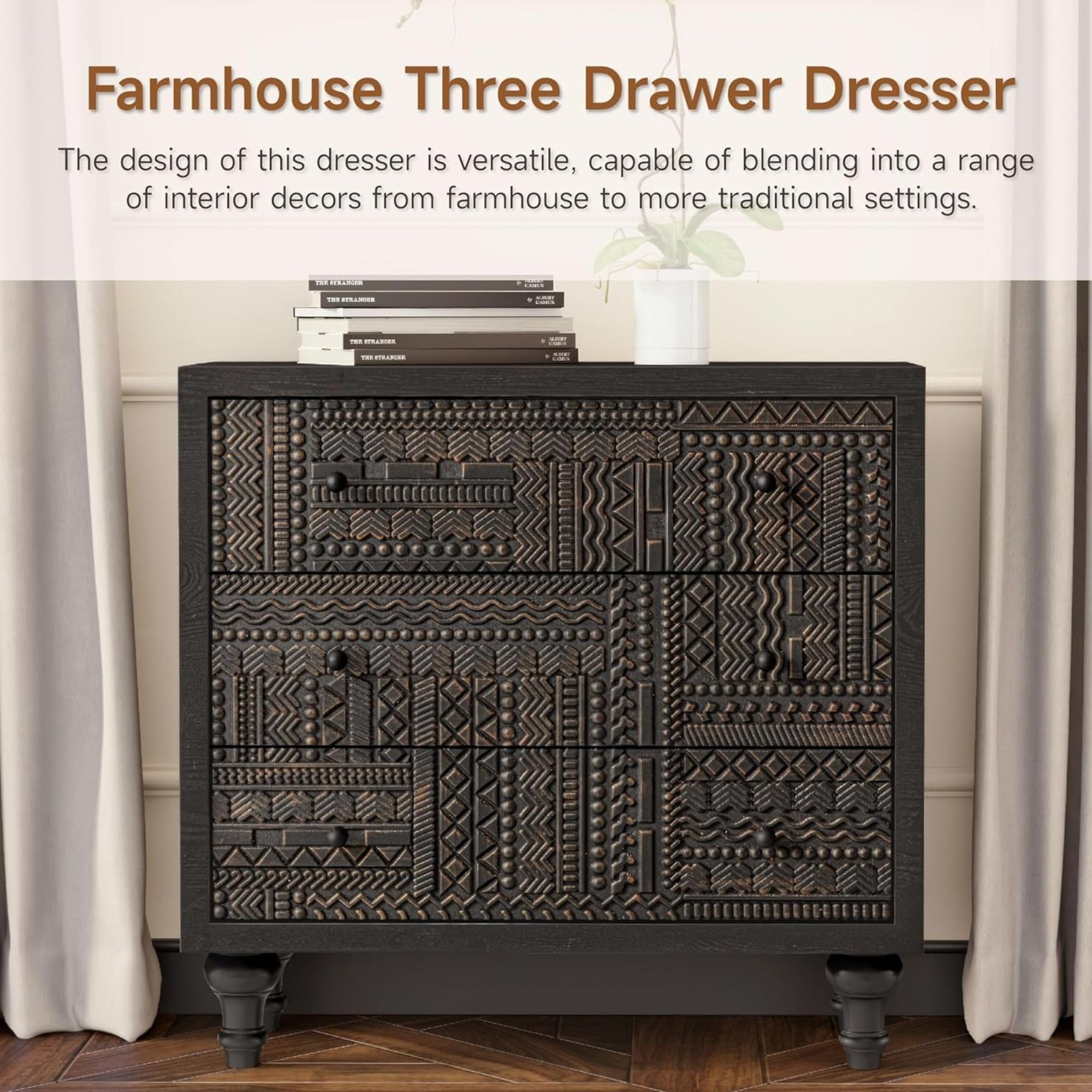 Black 3-Drawer Farmhouse Dresser with Carved Pattern, Mid-Century Modern Boho Nightstand, Fully Assembled