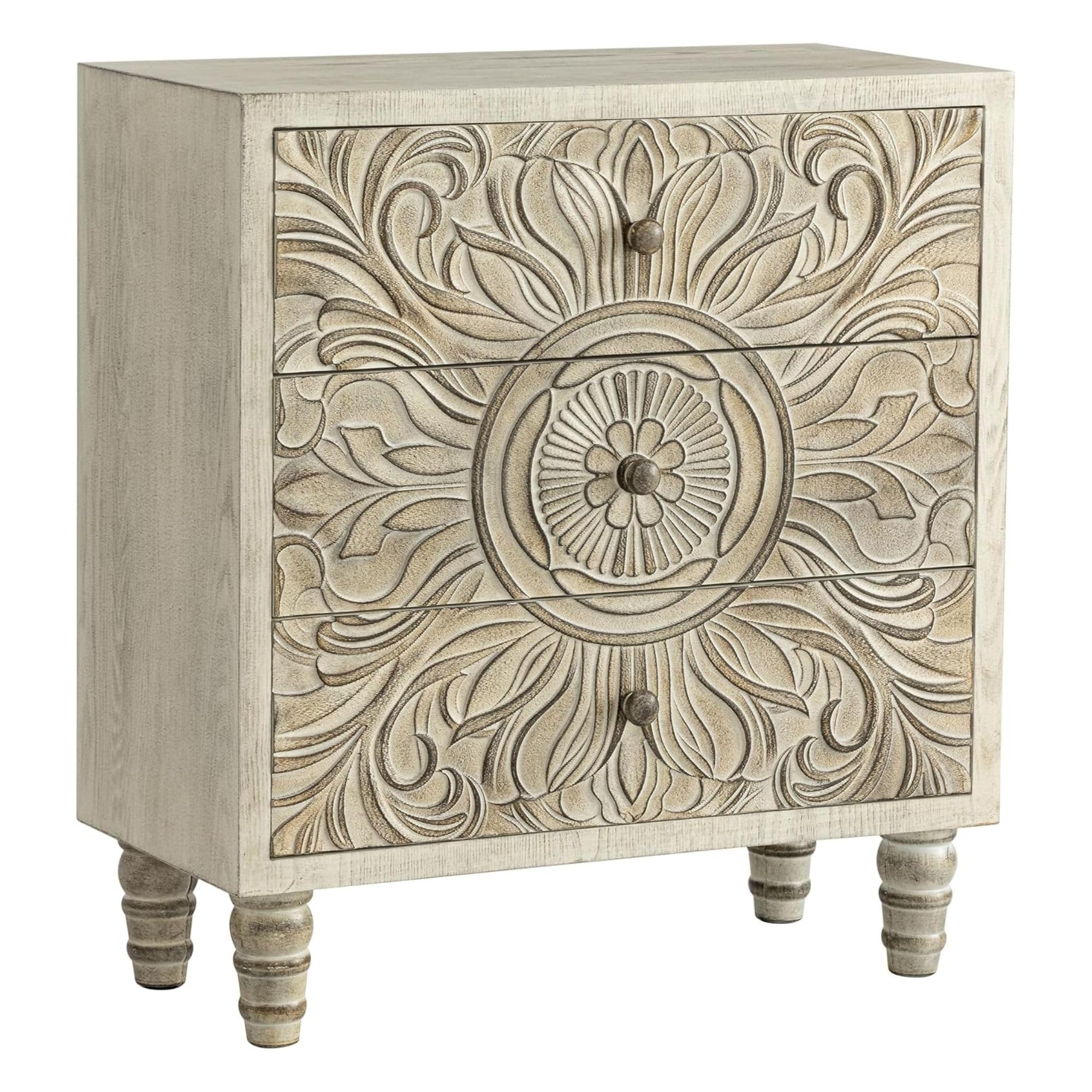 Boho 3-Drawer Dresser with Embossed Floral Motif, Rustic French Country Nightstand, Distressed White Finish