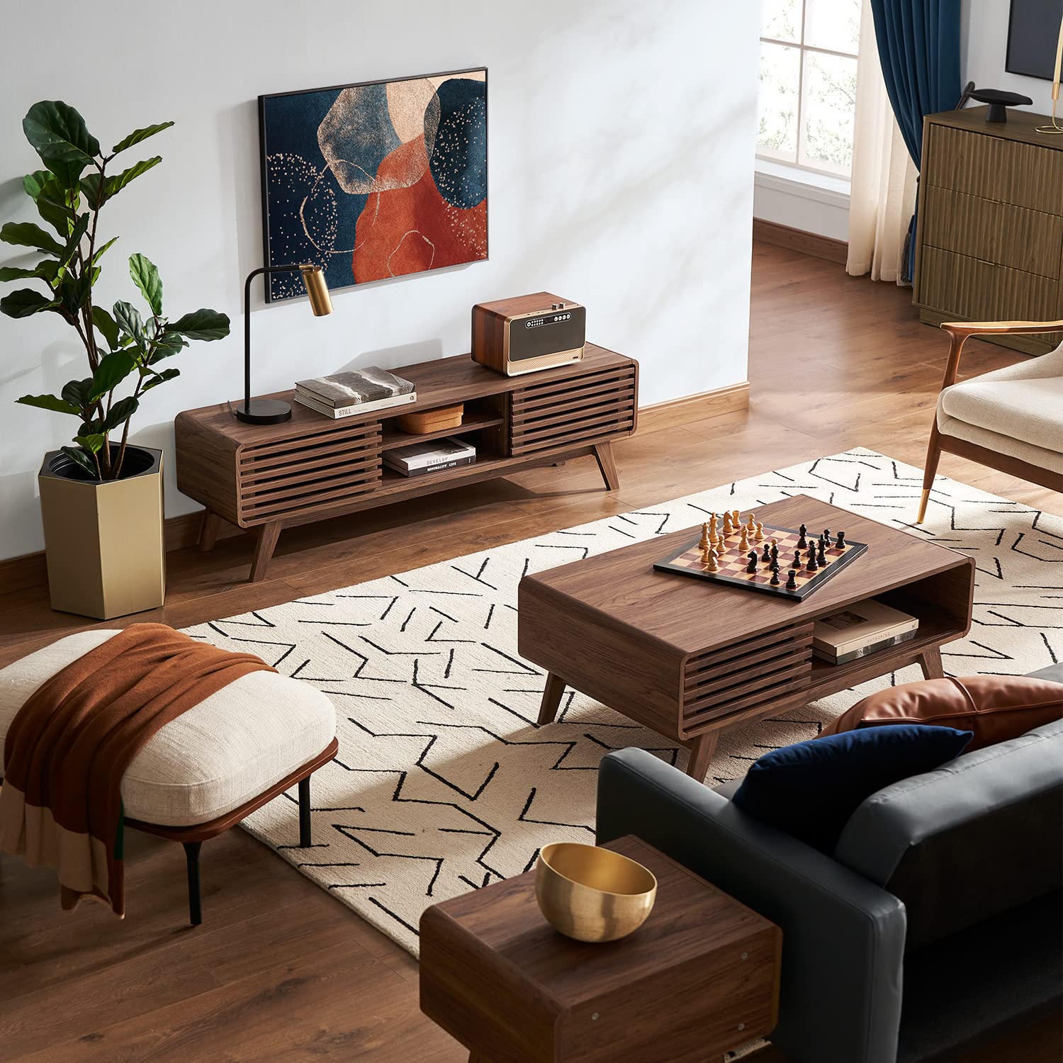 Ensley TV Stand – 59" Walnut Mid-Century Console for 55–65" TVs, Farmhouse Media Cabinet for Living Room or Bedroom