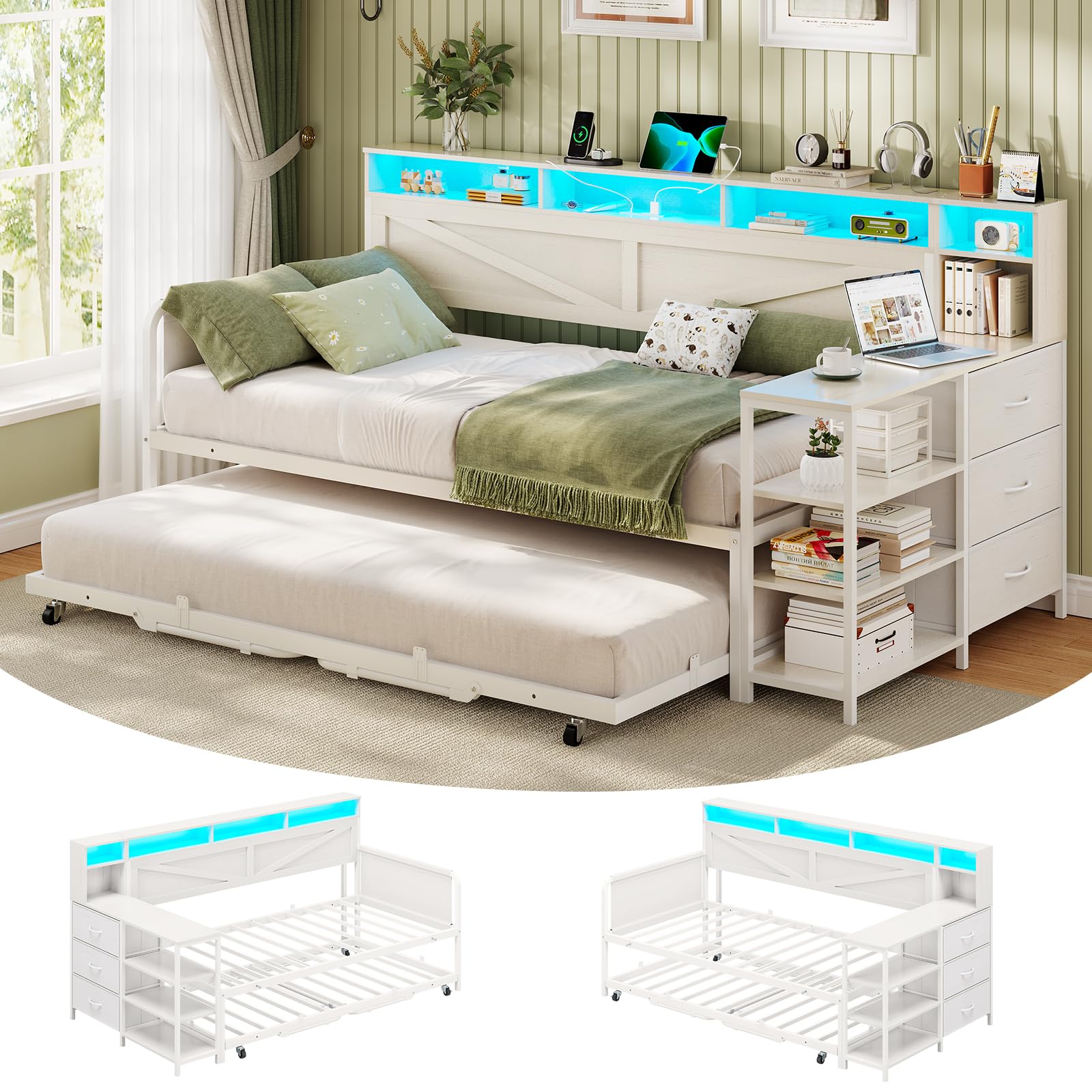 Twin to King Daybed – White Farmhouse Daybed with Trundle, 3 Drawers, Shelves, LED Lights & Charging Station