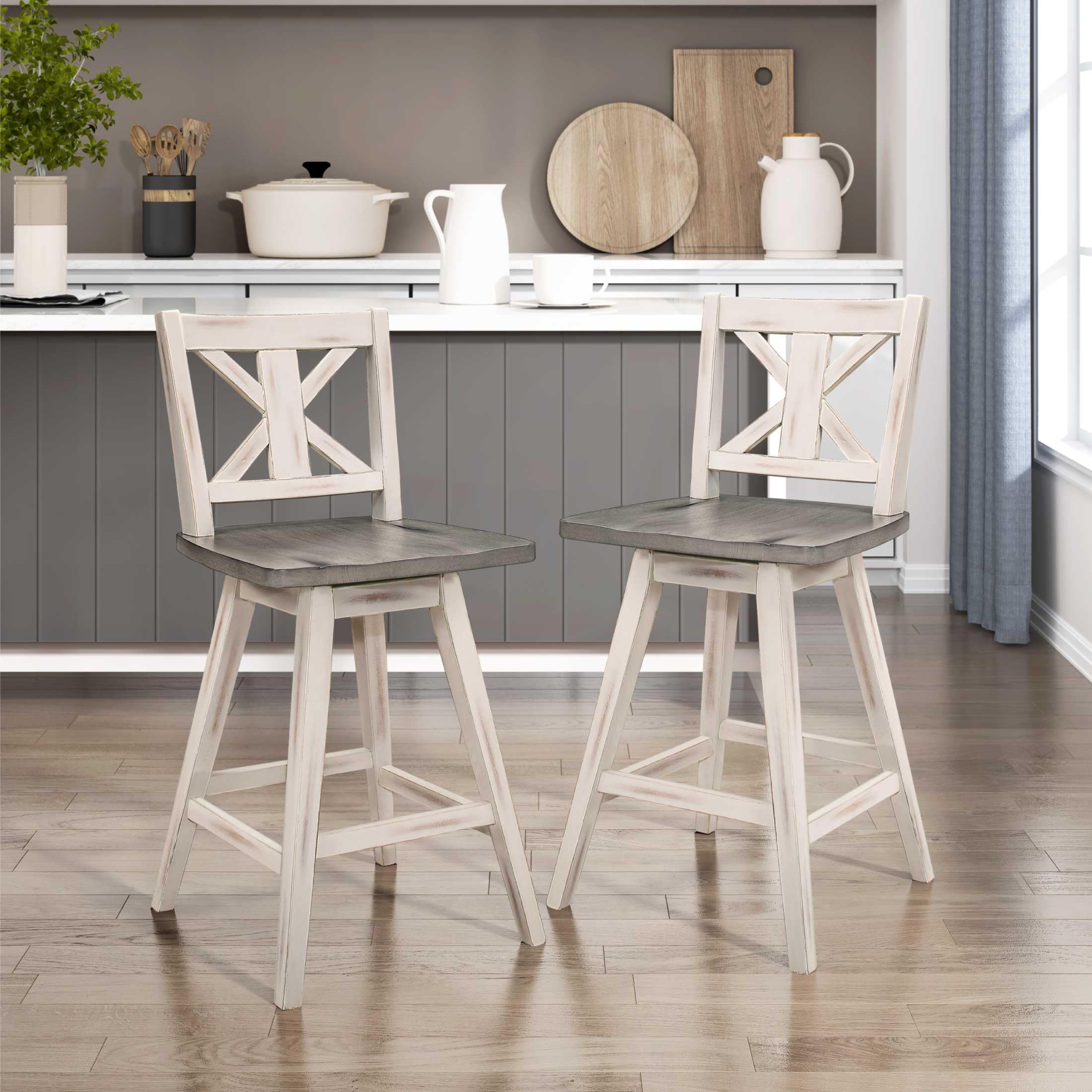 Set of 2 Solid Wood Swivel Counter Bar Stools, Tall Farmhouse X-Back Kitchen Island Chairs, Rustic White