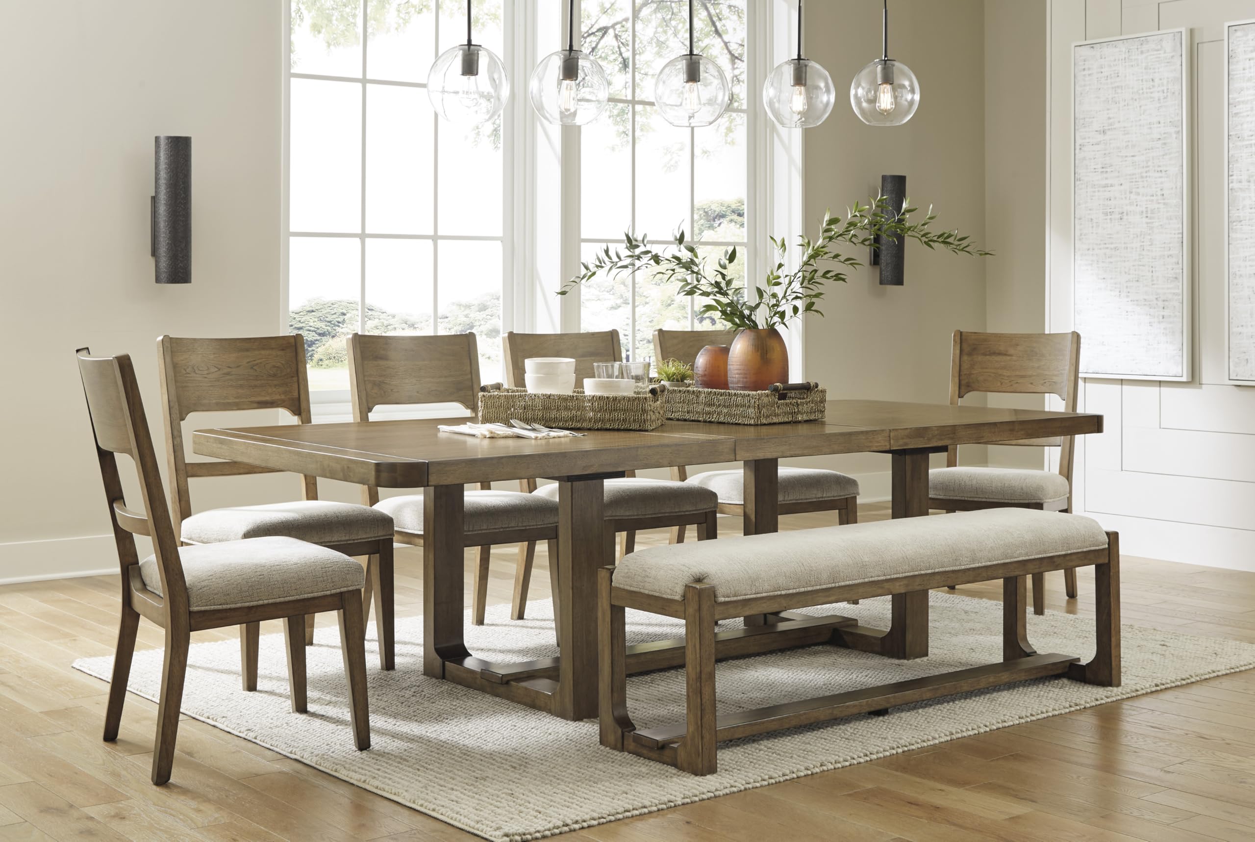 Cabalynn 63" Upholstered Dining Bench, Beige and Light Brown Farmhouse Style Seating for 6-8 People