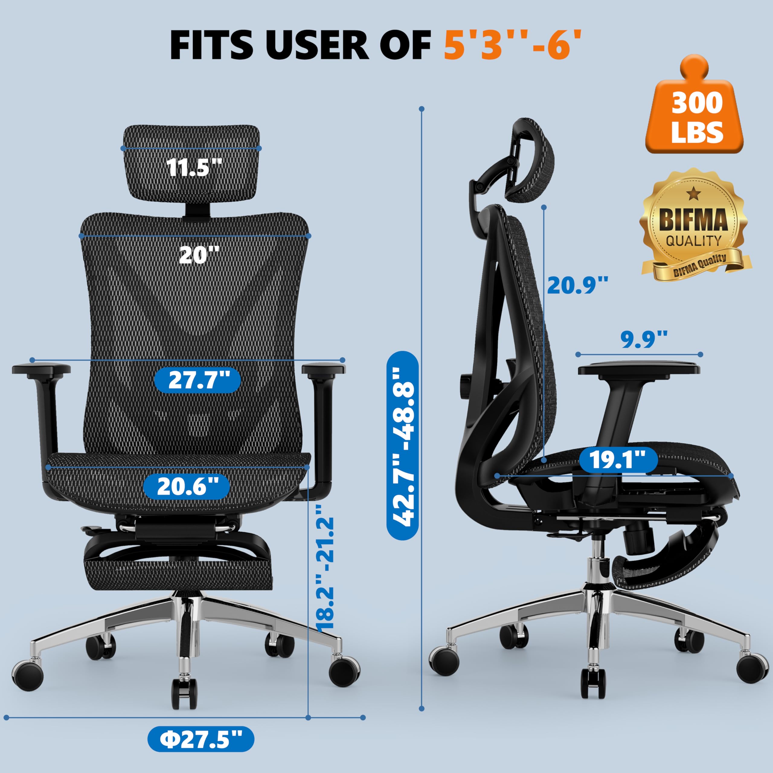 Reclining Ergonomic Office Chair with Footrest, Adjustable Lumbar, 3D Arms & Headrest, 300LBS Swivel Chair