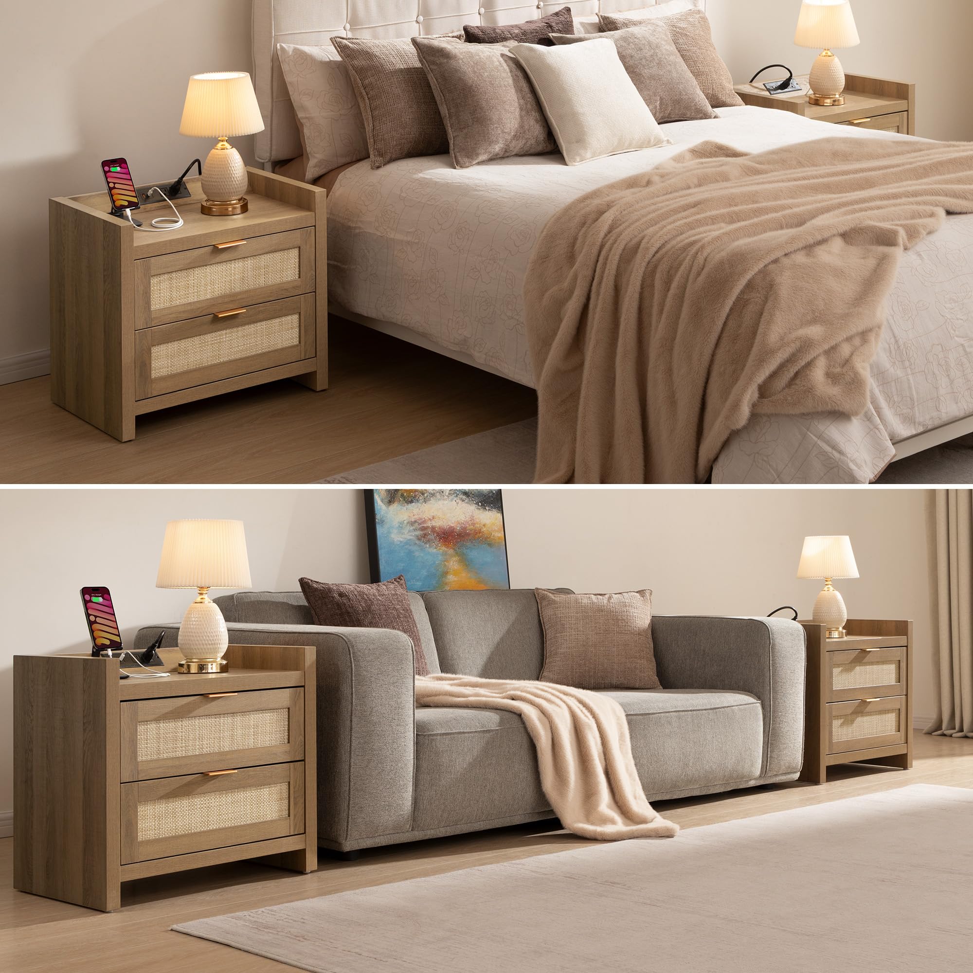 Natural Oak Rattan Nightstand Set of 2, Boho Bedside Tables with Type-C Charging Station & Storage