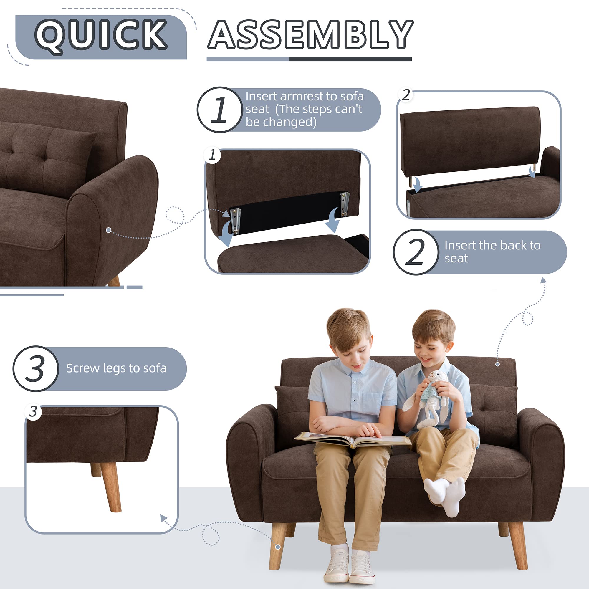 Small Modern Loveseat – Brown Mid-Century Fabric Couch with 2 Pillows for Living Room, Apartment or Studio