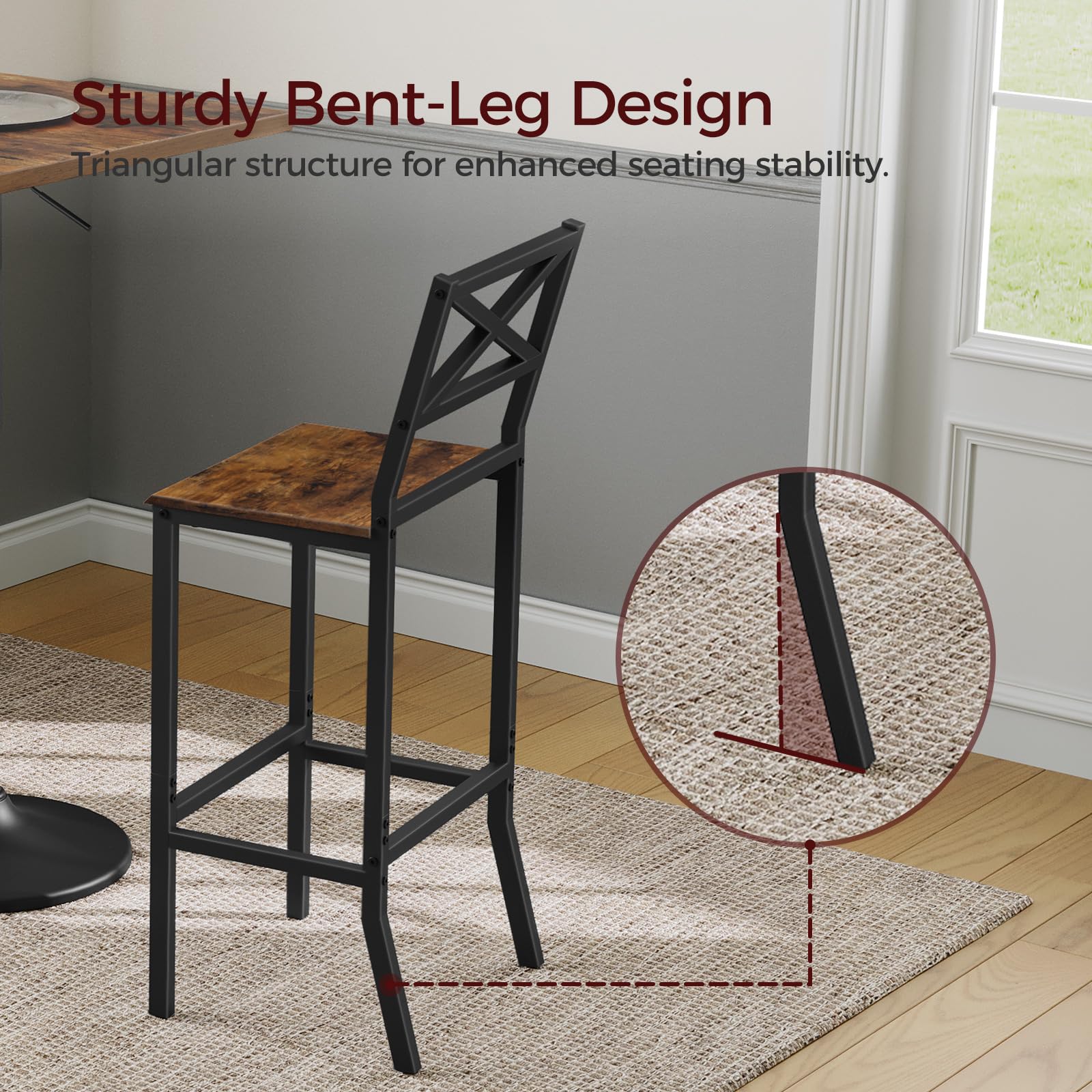 Bar Stools Set of 2, 26" Counter Height Chairs with Backrest & Footrest, Easy Assembly Kitchen Breakfast Bar Chairs, Rustic Brown