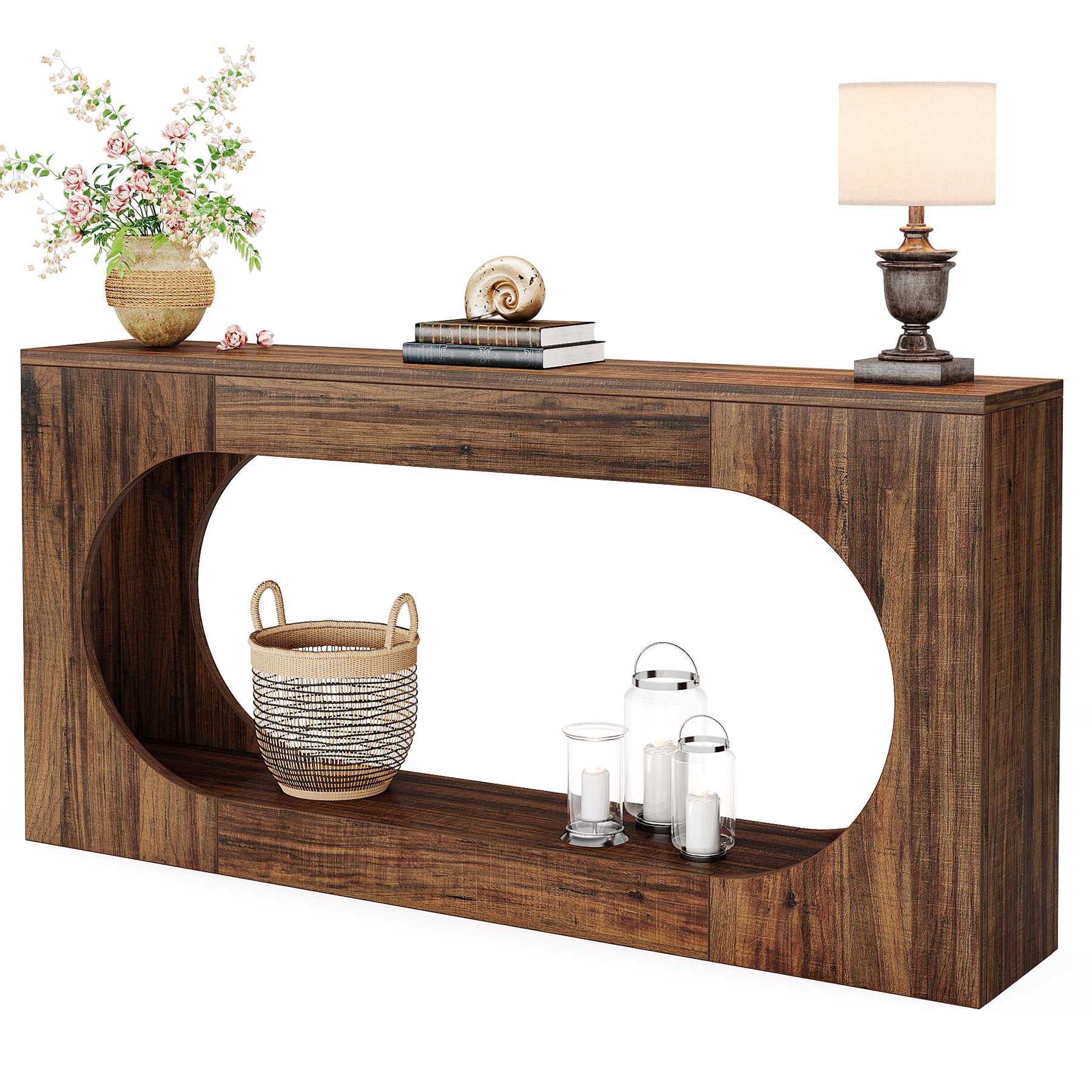63" Narrow Sofa Table, 2-Tier Farmhouse Entryway Console Table for Hallway, Living Room, Behind Couch, Rustic Brown