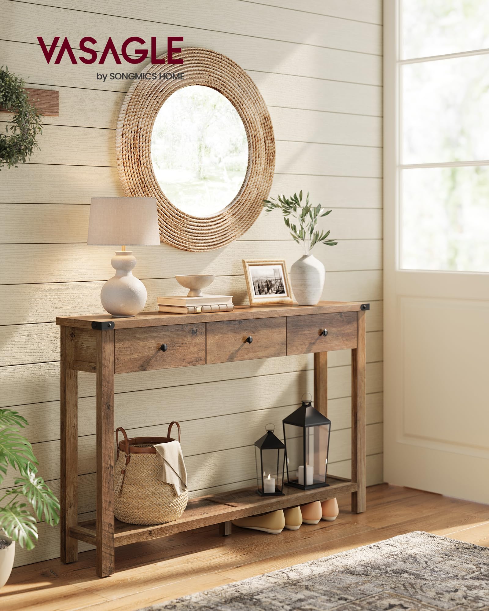Narrow Entryway Console Table with 3 Drawers, Open Shelf & Metal Corners, Farmhouse Style Sofa Table, Honey Brown