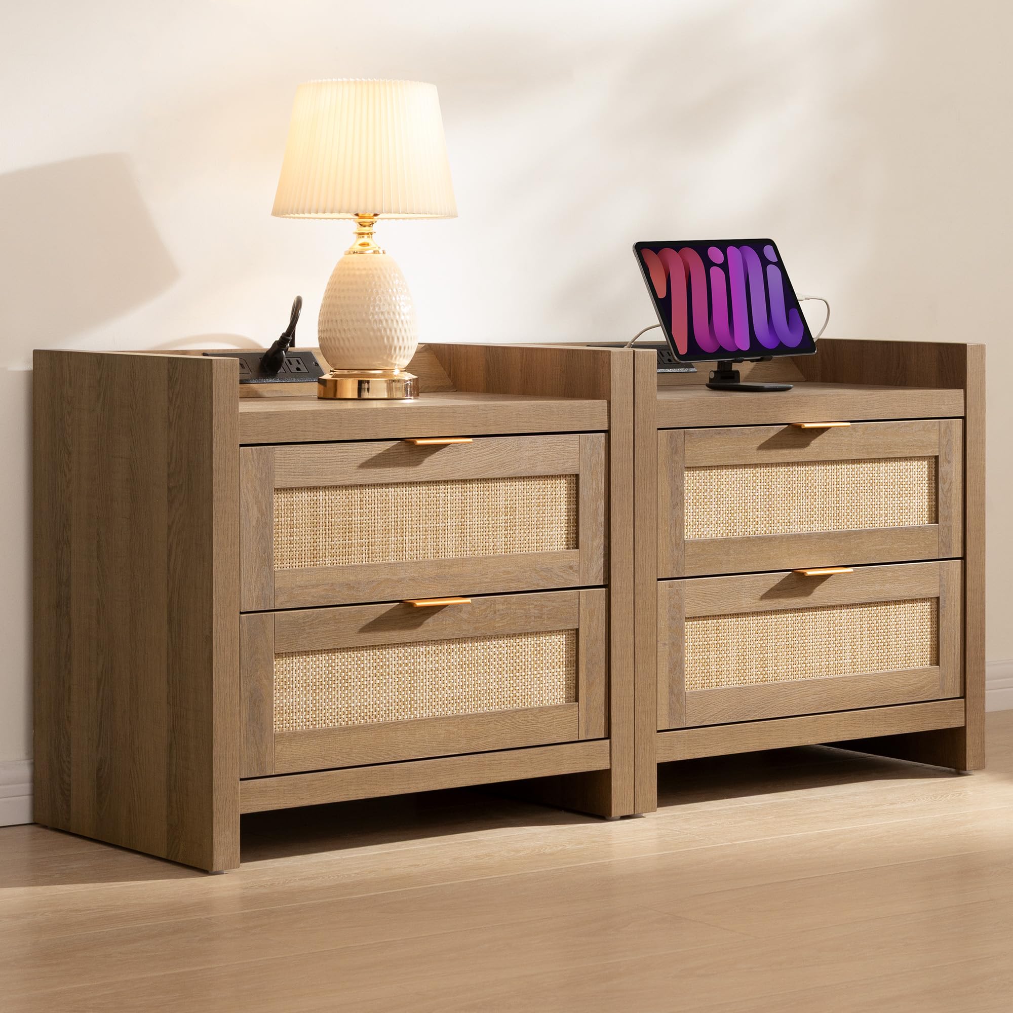 Natural Oak Rattan Nightstand Set of 2, Boho Bedside Tables with Type-C Charging Station & Storage