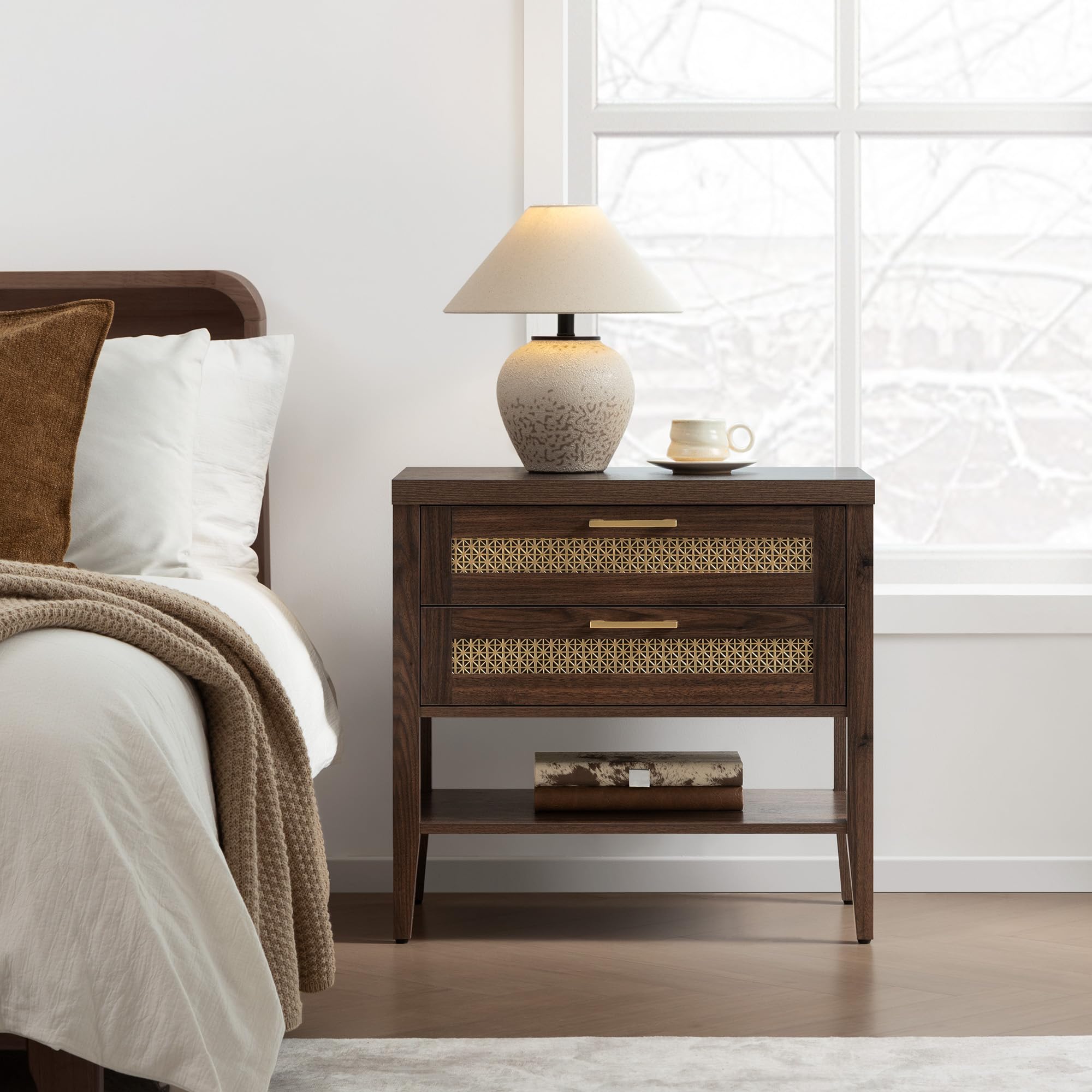 Set of 2 Large Nightstands with Drawers & Shelf, 25.7" Tall Mid-Century Bedside Tables for Bedroom, Walnut
