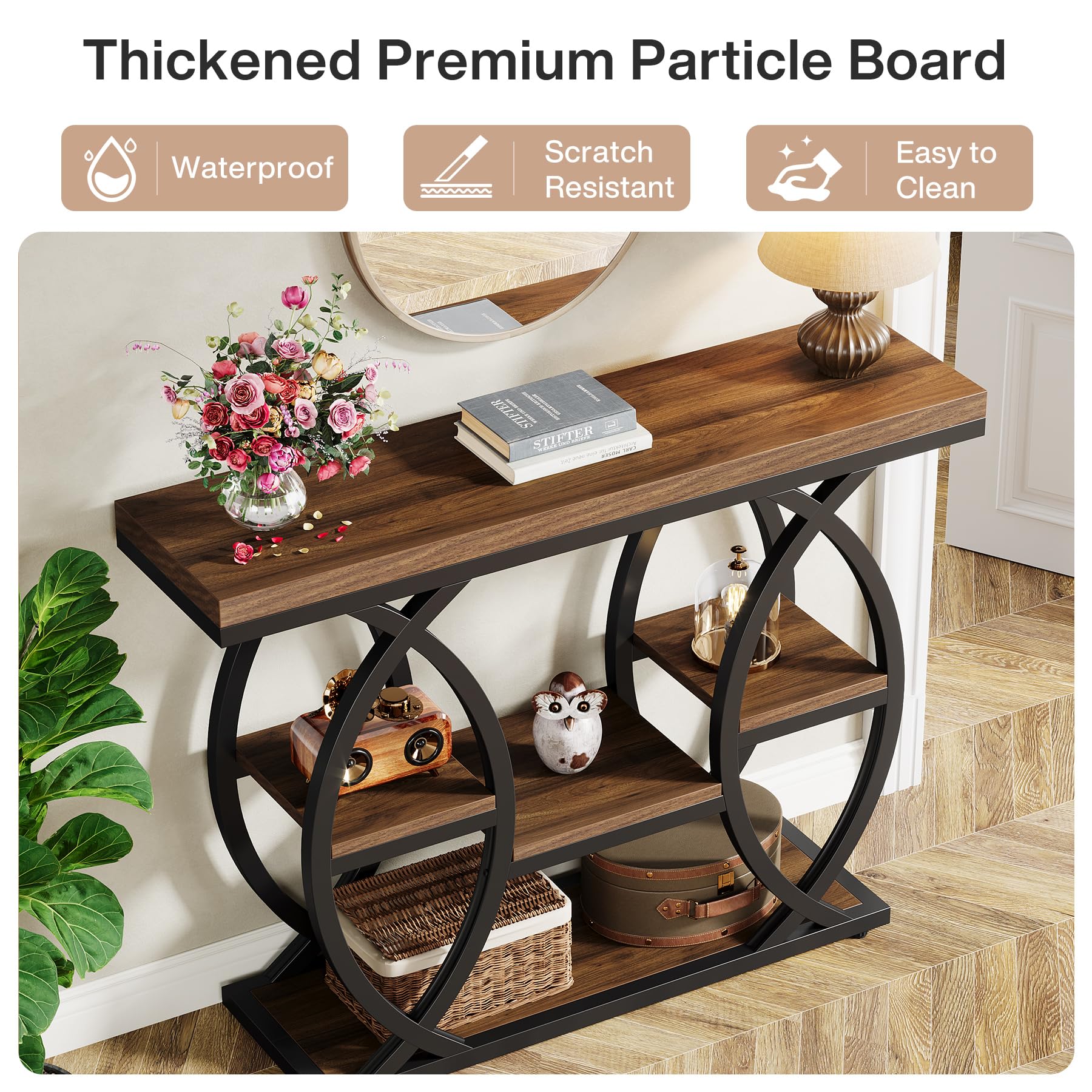 39.4" Industrial Console Table, 4-Tier Narrow Sofa Entry Table with Storage Shelves, Wood & Metal Accent for Small Spaces