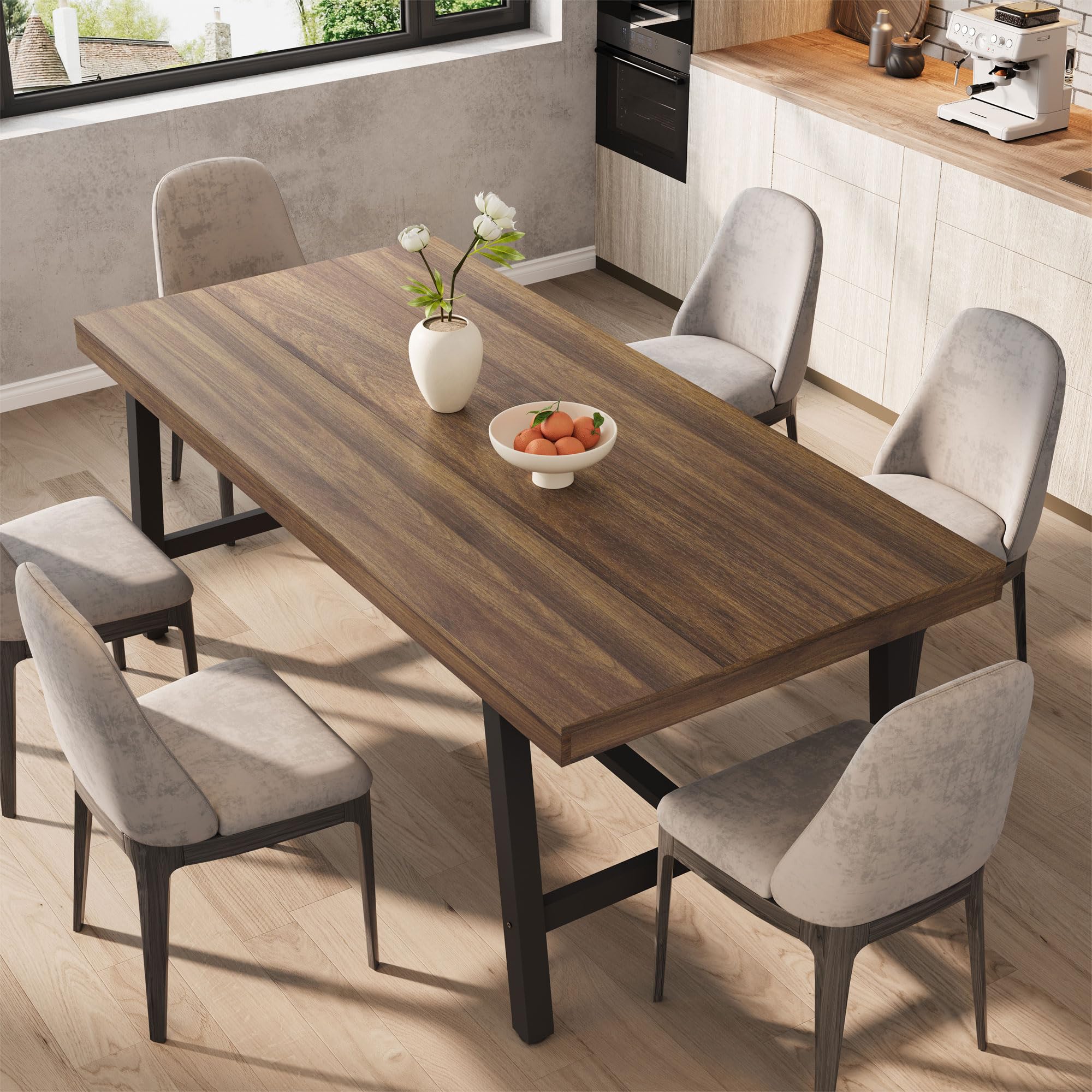 70.87" Long Dining Table, Rustic Brown Wooden Kitchen Table with Metal Frame, Seats 6-8 People Comfortably