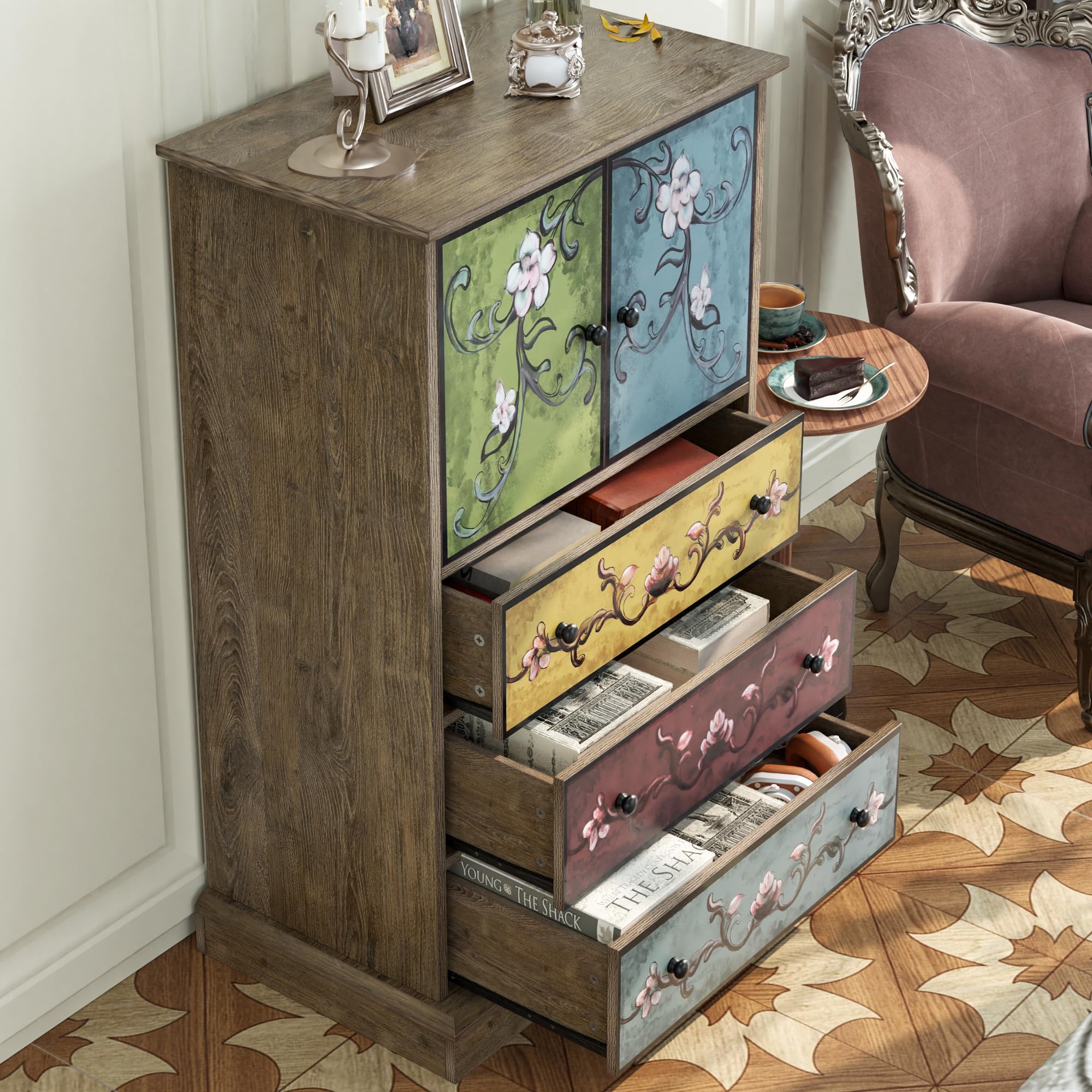 Tall Boho Wood Chest with Drawers & Doors, 42.3" Accent Dresser Cabinet for Office, Bedroom, Living Room