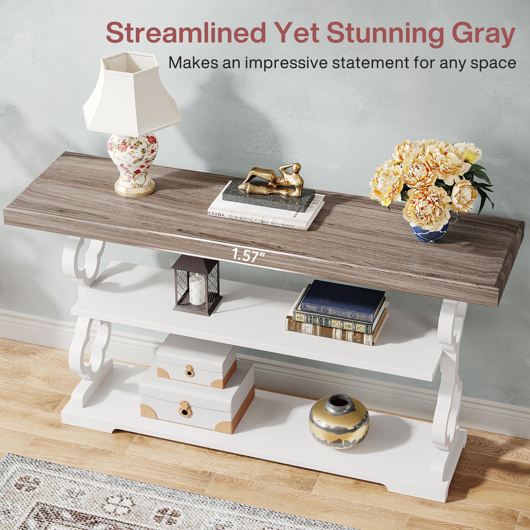 55" Farmhouse Console Table – Grey & White Wood Sofa Table with Storage Shelves for Entryway, Foyer or Living Room