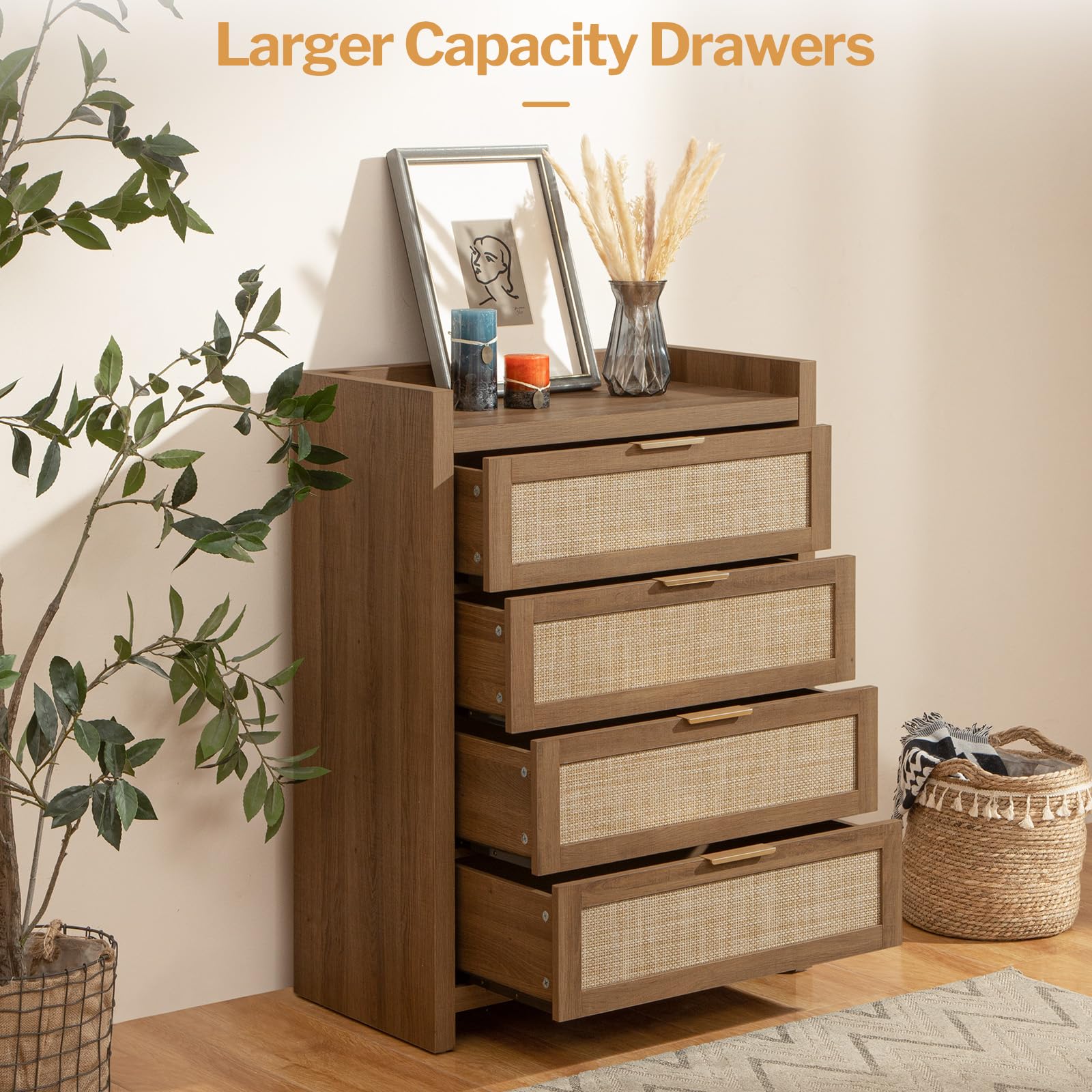 38" Tall 4-Drawer Rattan Dresser for Bedroom, Boho Chest with Storage Cabinet for Closet, Living Room, or Entryway