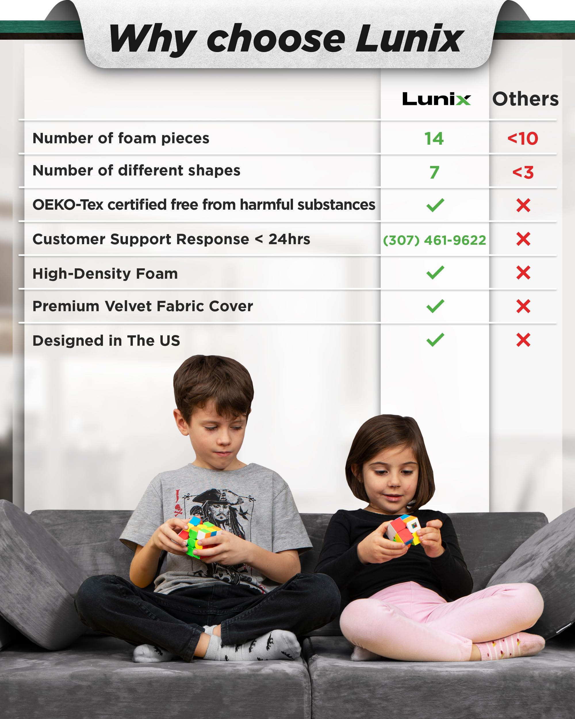 LX15 Modular 14pcs Kids Play Couch, Convertible Foam Sofa Fort for Playroom, Toddler Furniture, Steel Gray