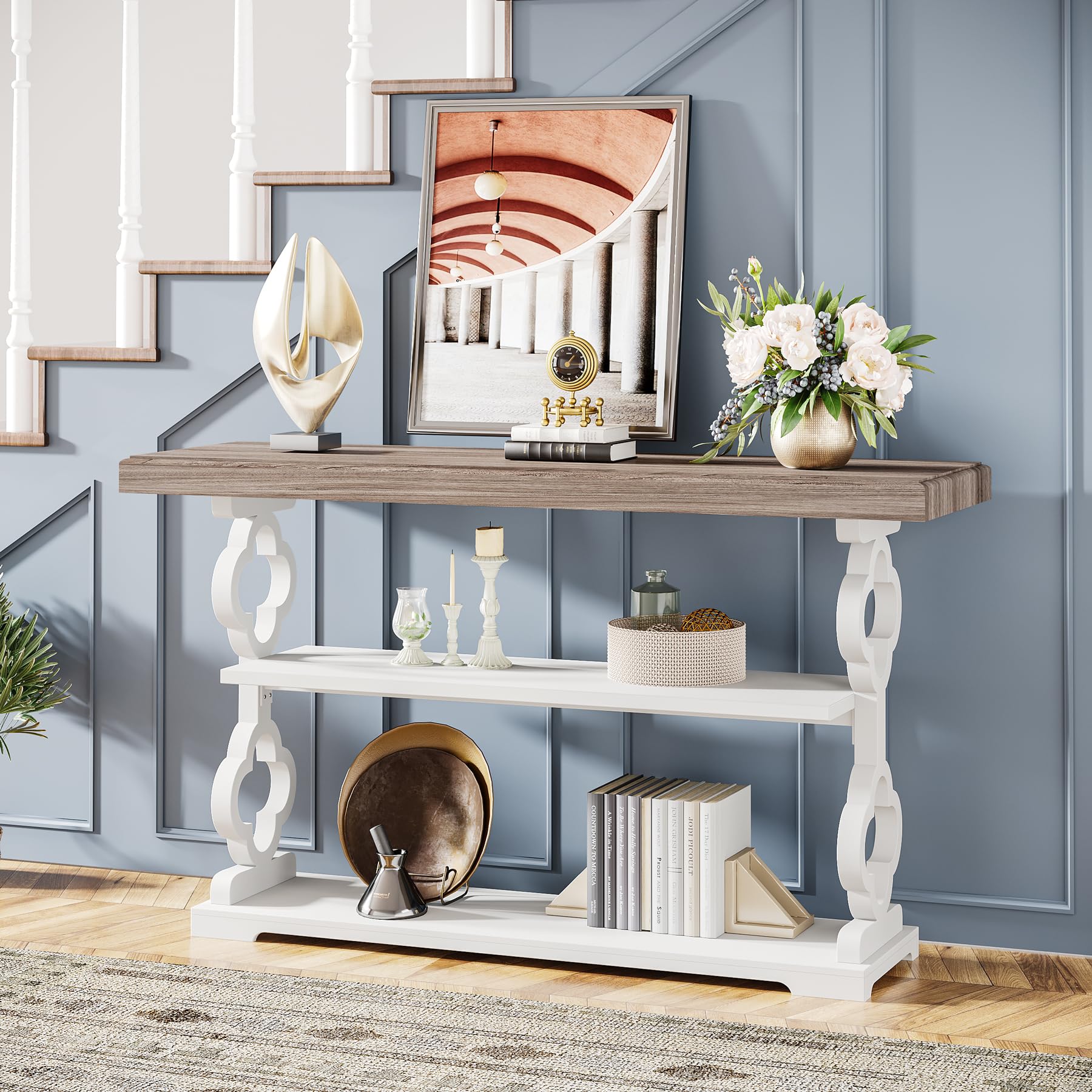 55" Farmhouse Console Table – Grey & White Wood Sofa Table with Storage Shelves for Entryway, Foyer or Living Room
