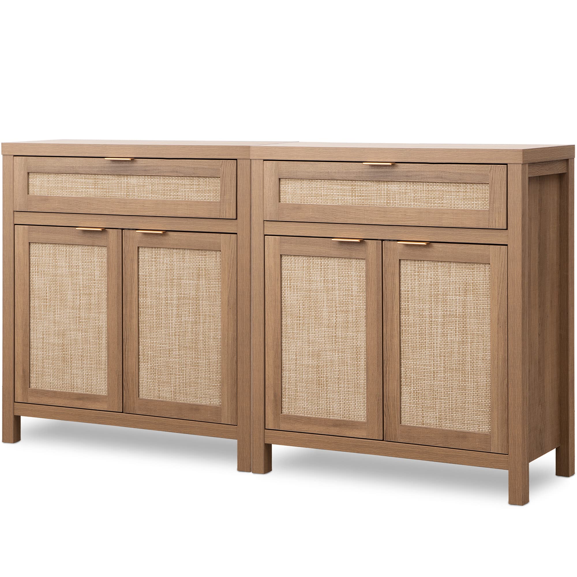 Sideboard Buffet Cabinet Set of 2, Natural Oak Rattan Storage Credenza with Drawer, Boho Coffee Bar for Entryway Living Room