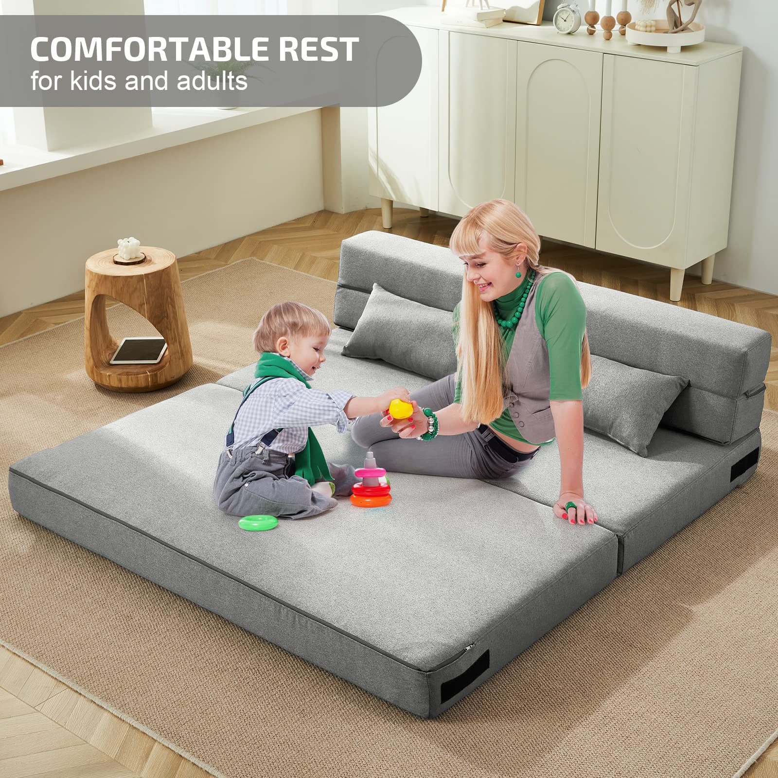 Folding Sofa Bed with Pillows- Convertible Chair Floor Couch & Sleeping Mattress, Foldable Memory Foam Sleeper for Living Room/Dorm/Guest Room/Home Office/Apartment/Loft, Queen, Light Gray