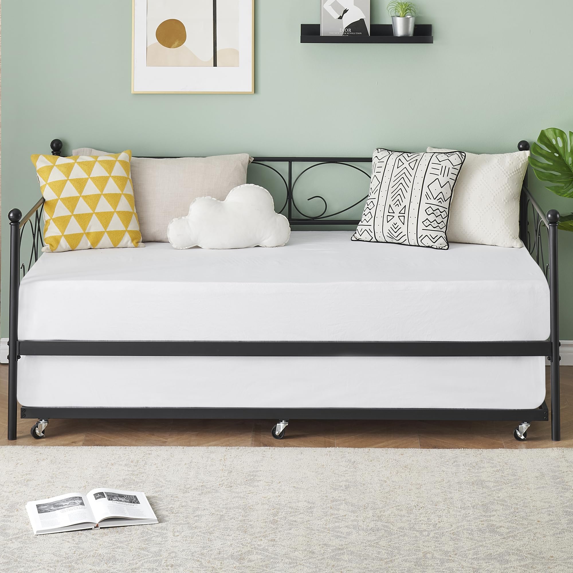 Twin Daybed with Trundle – Black Metal Frame Sofa Bed with Heavy Duty Slats for Living Room or Guest Room